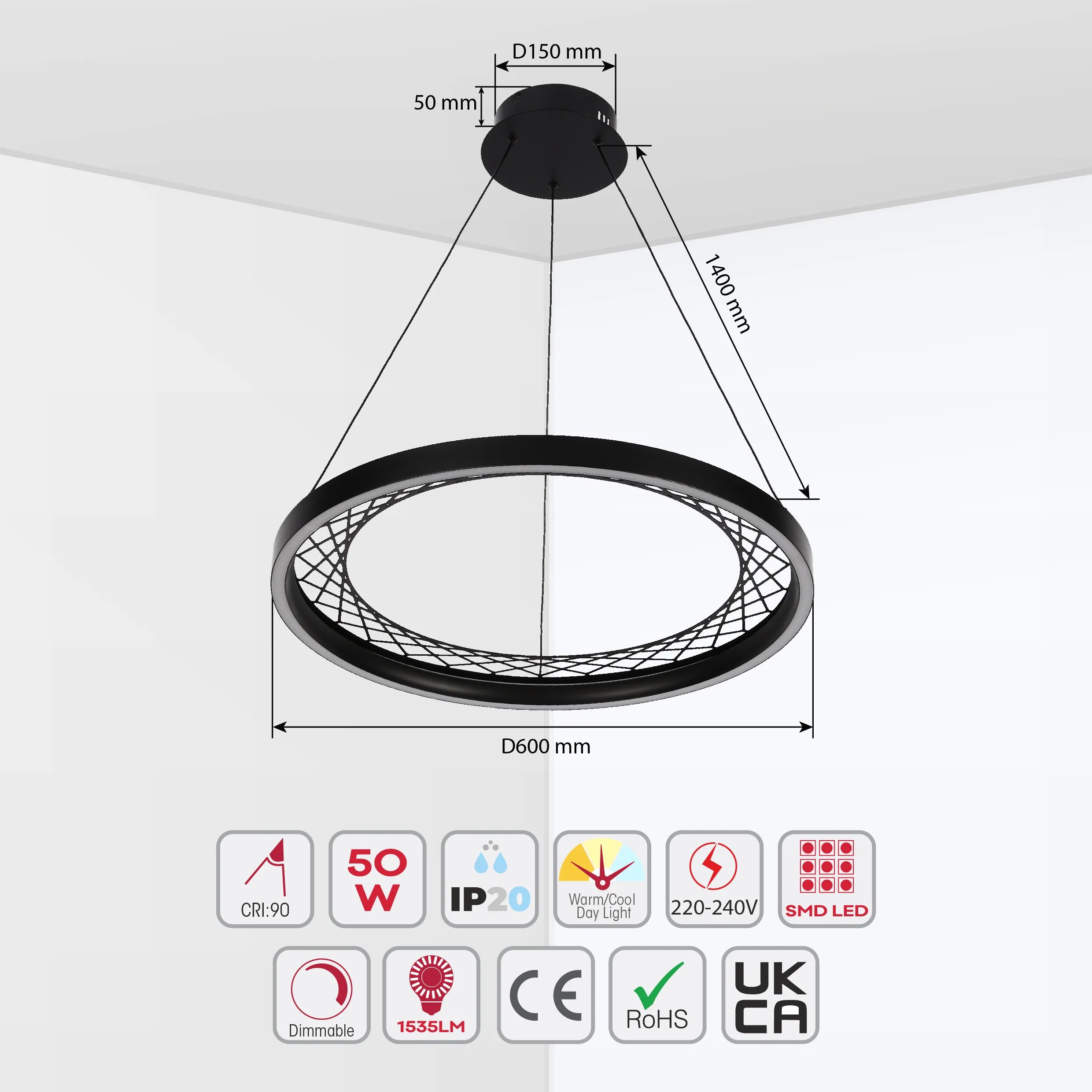 A modern LED ceiling light with a circular design and black finish. It's dimmable with warm/cool light.