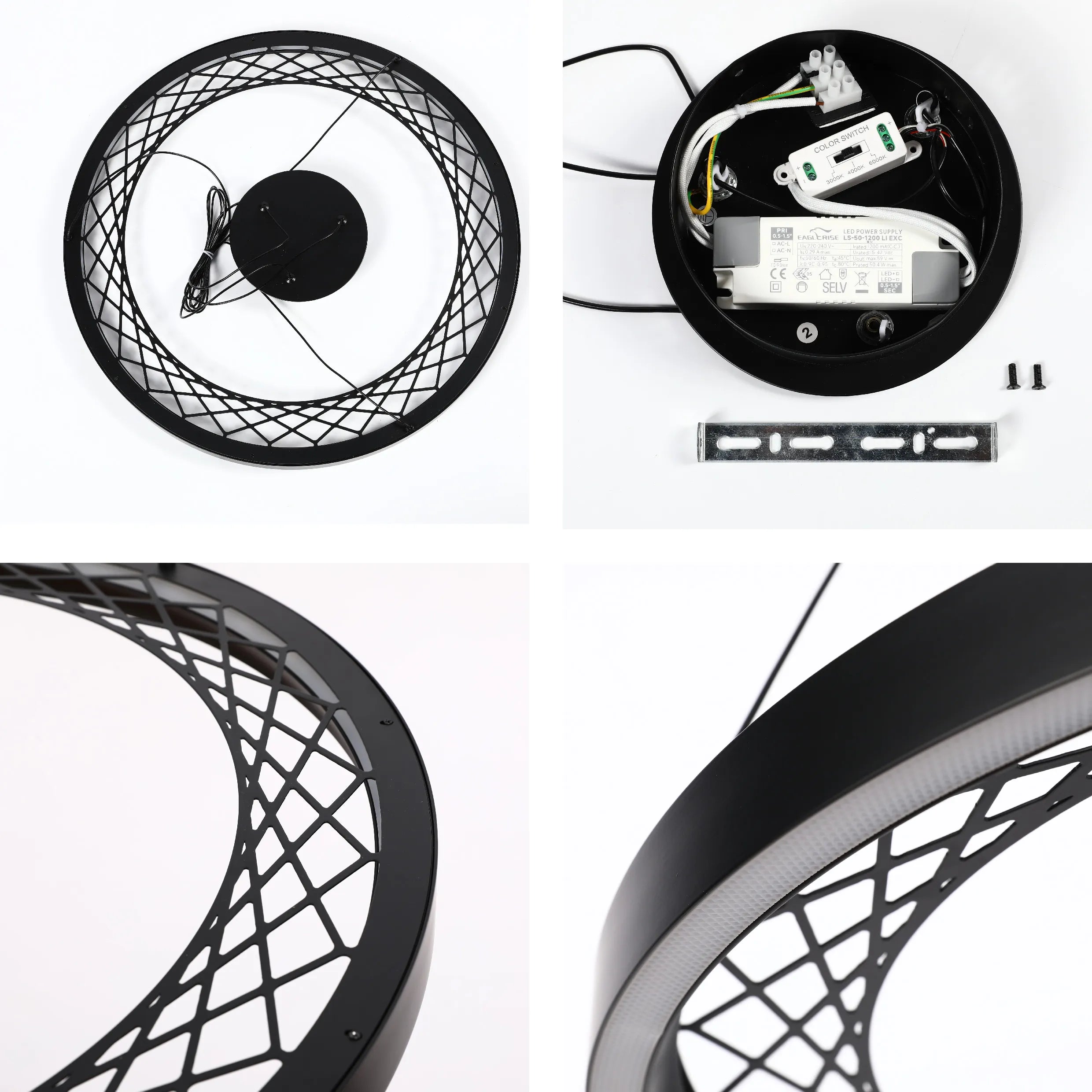 Modern black circular LED pendant light with a geometric design, showing the light's components and fixings.