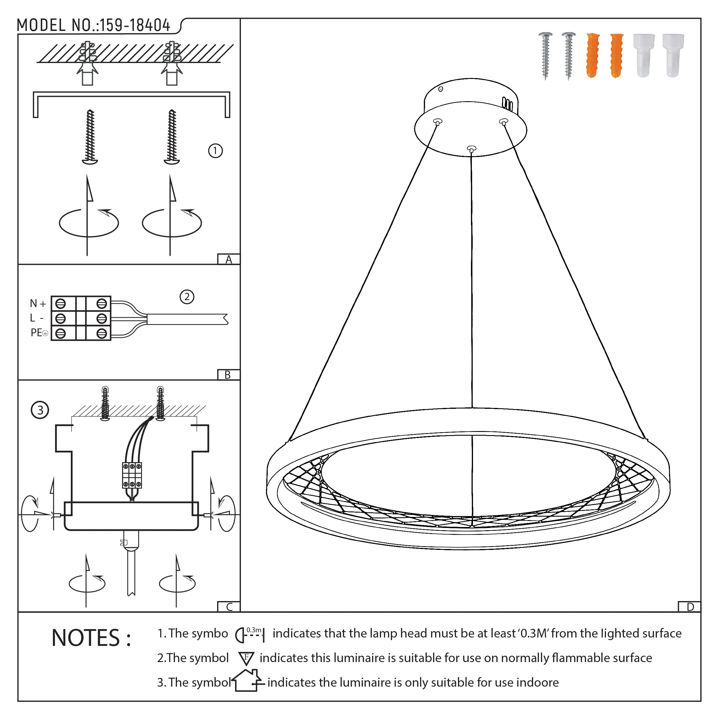 Technical diagram showing how to install a circular LED pendant light fixture. Shows wiring, screws, and mounting instructions.