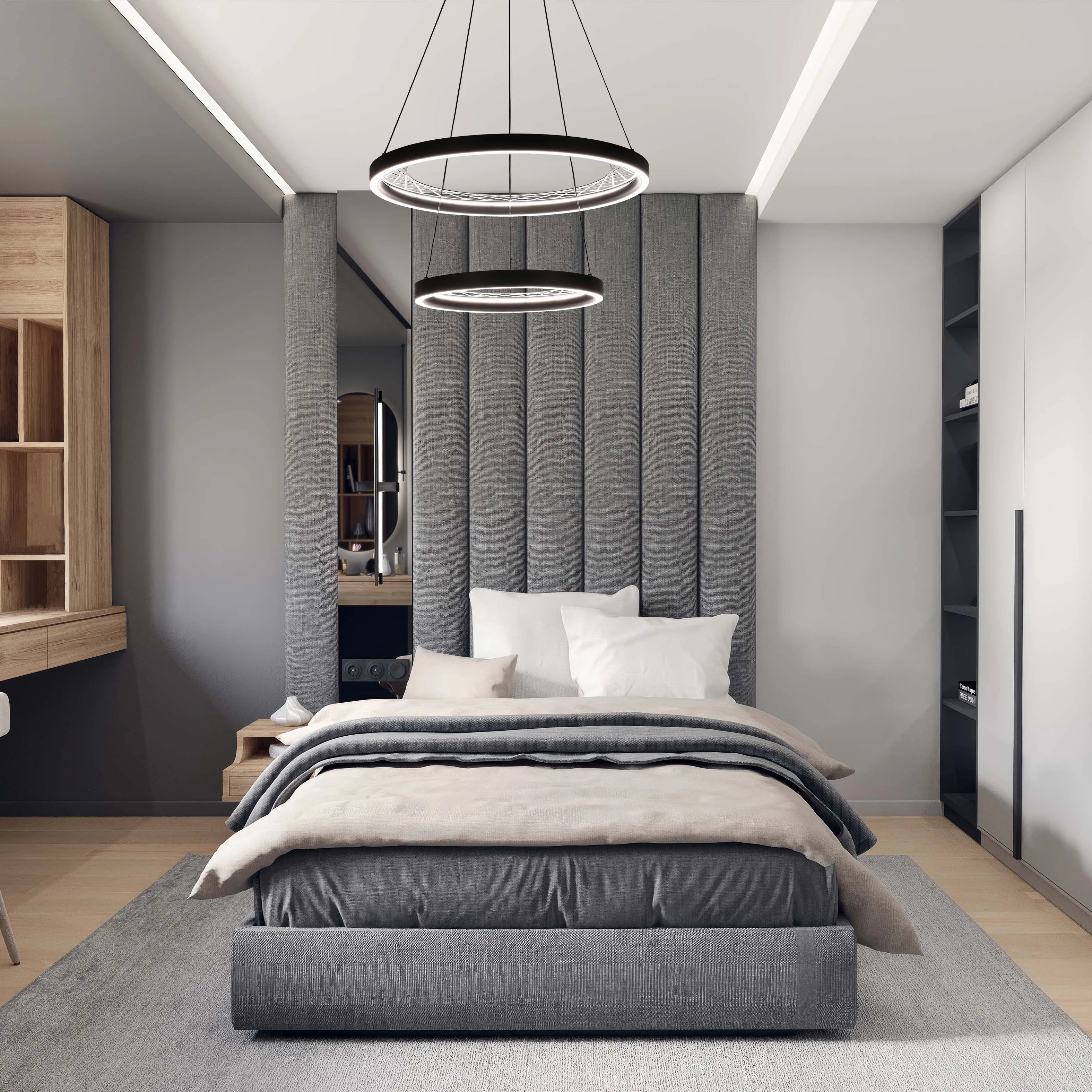 Modern bedroom featuring dual-ring pendant lights, and integrated ceiling lights, creating a bright and contemporary space.