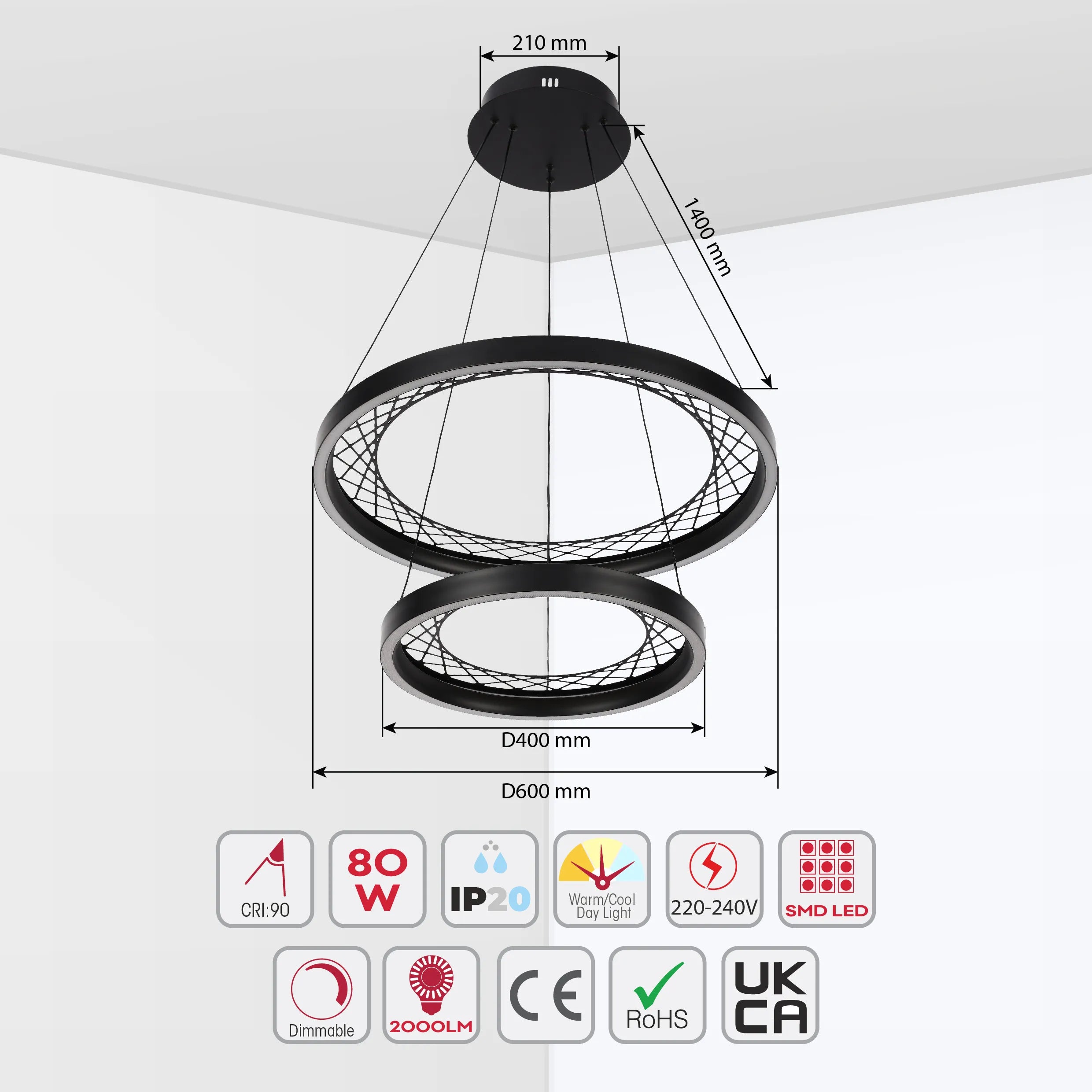 A stylish, modern LED pendant light with two black rings suspended from the ceiling. It features adjustable colour and dimming.