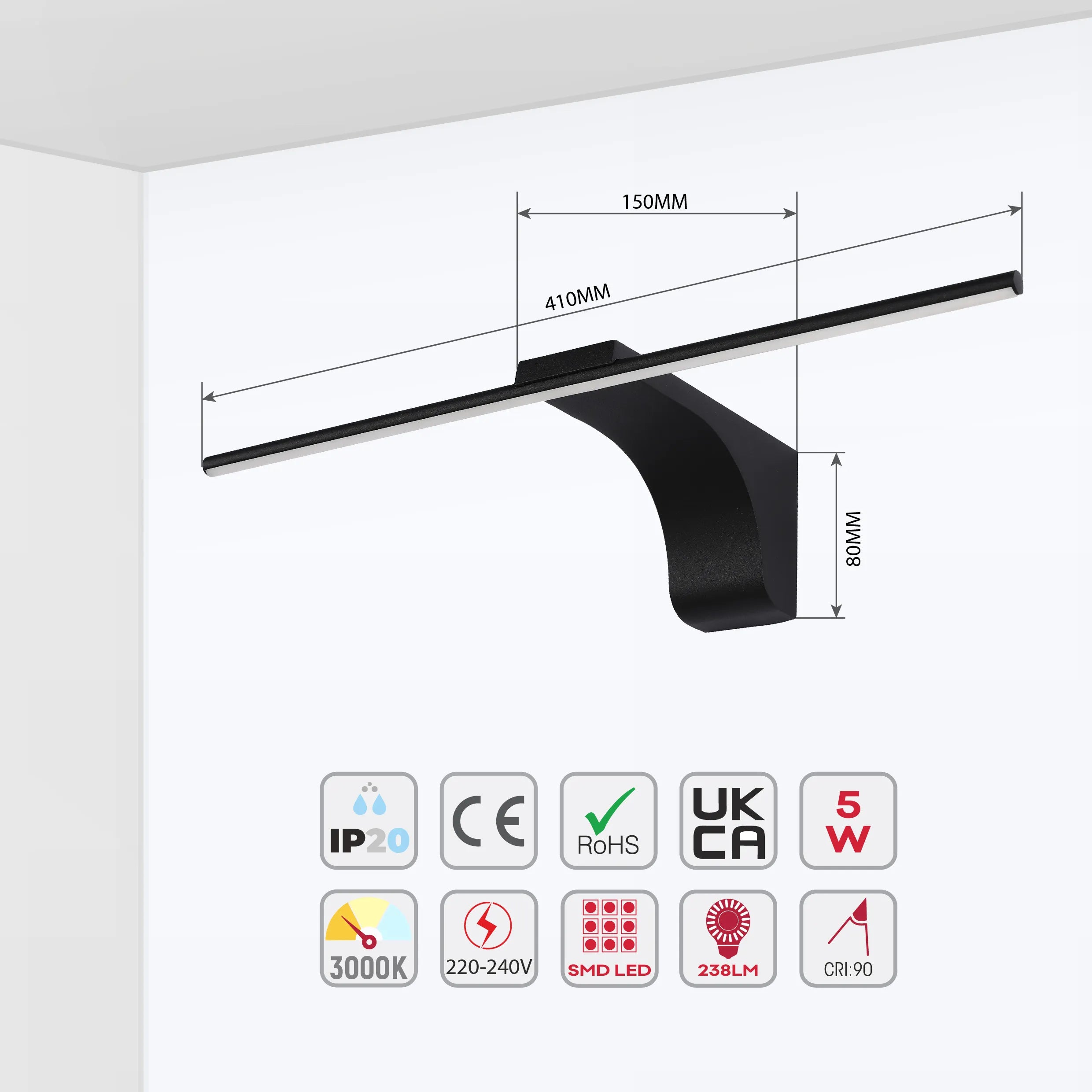 A black wall mounted reading light with dimensions shown: 410mm long, 150mm from wall, 80mm high, and displaying its IP20, CE and ROHS ratings.