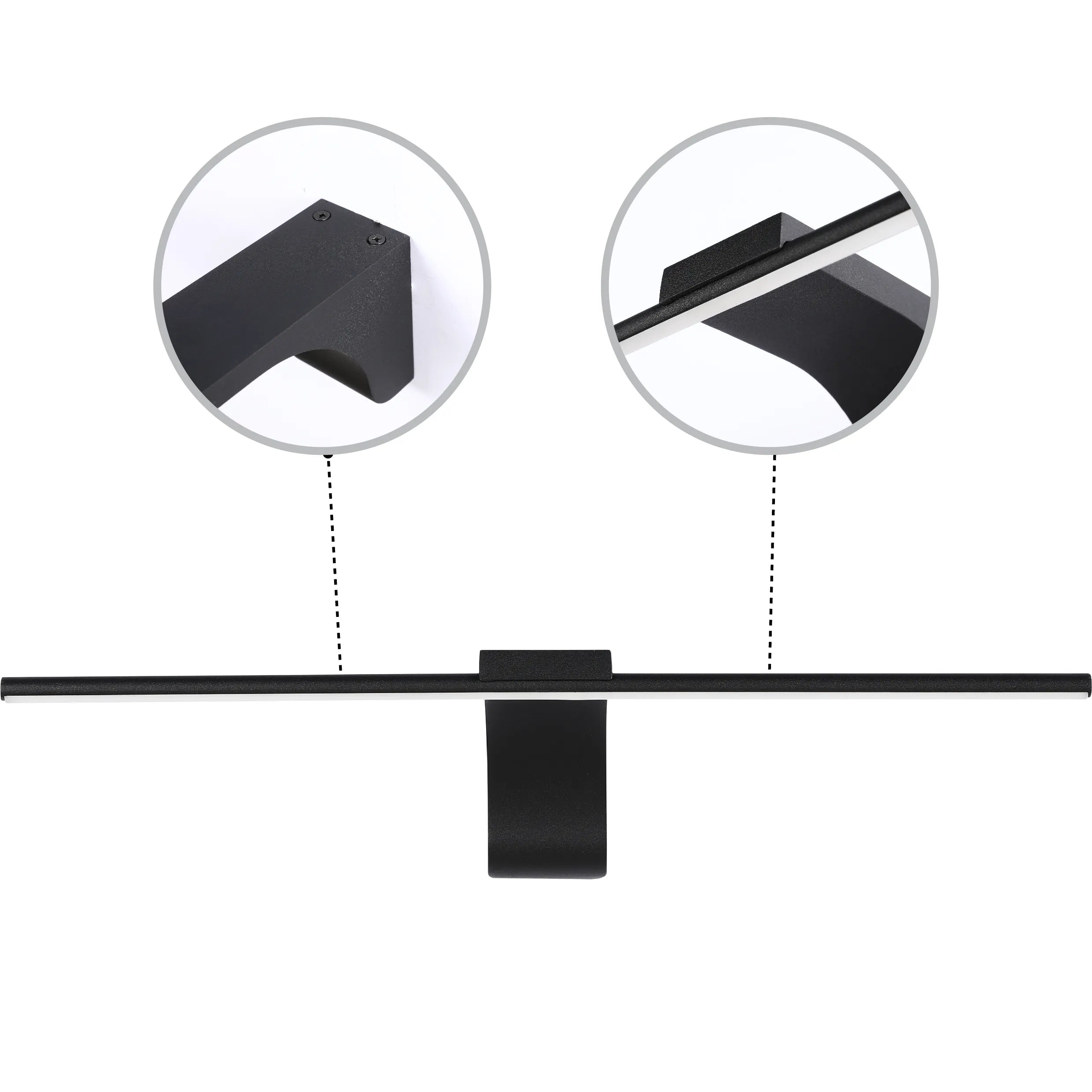 Sleek, modern black LED light fixture with detailed close-ups of the mounting and LED strip.