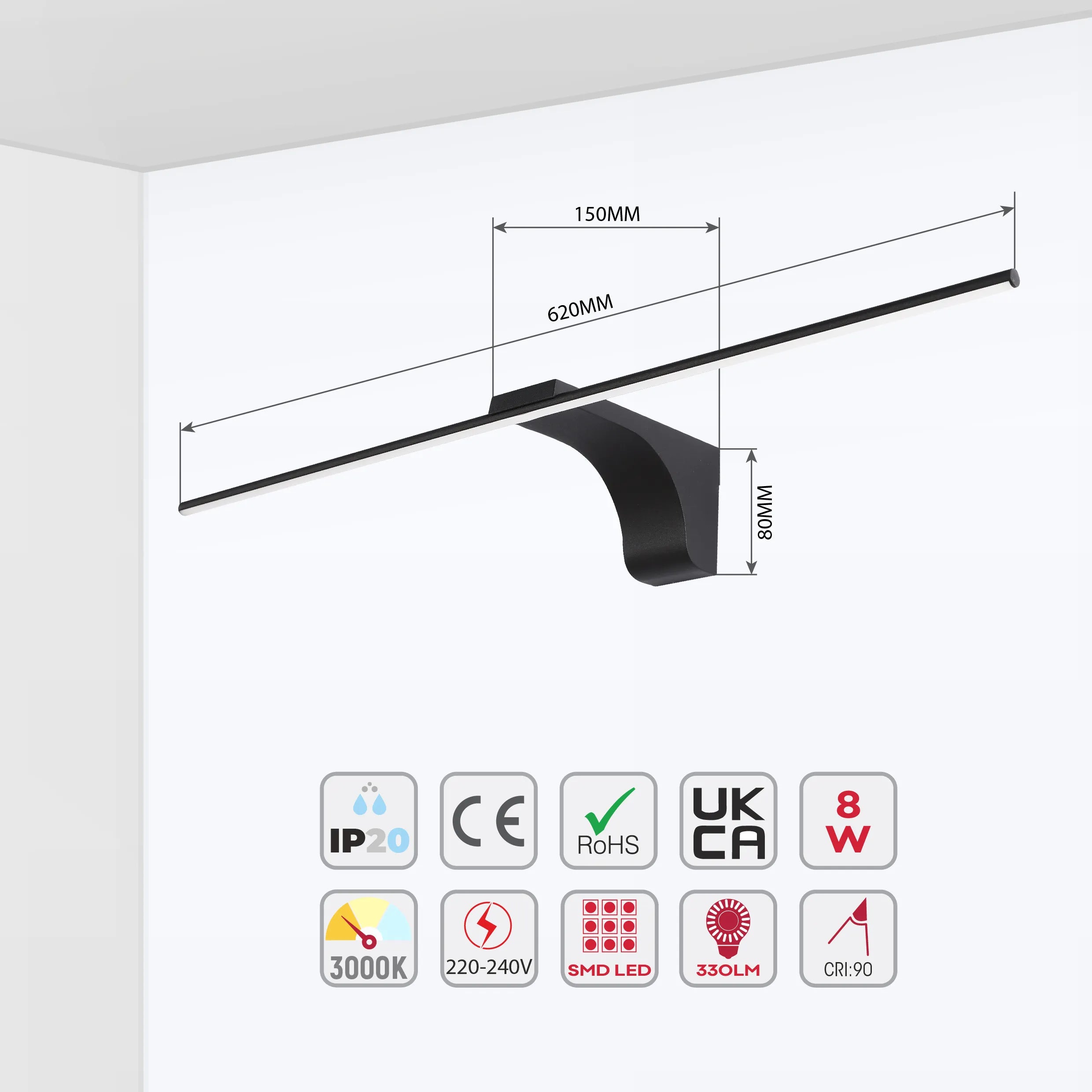 A sleek, modern LED vanity light with a matte black finish, displaying dimensions & specs.