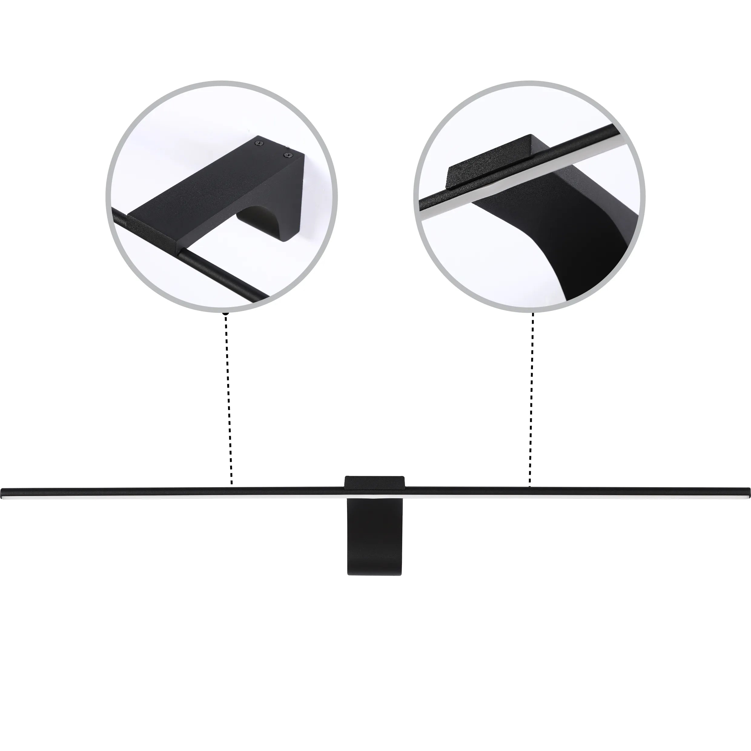 A modern, linear LED light fixture with a black finish and unique mounting details, perfect for contemporary spaces.