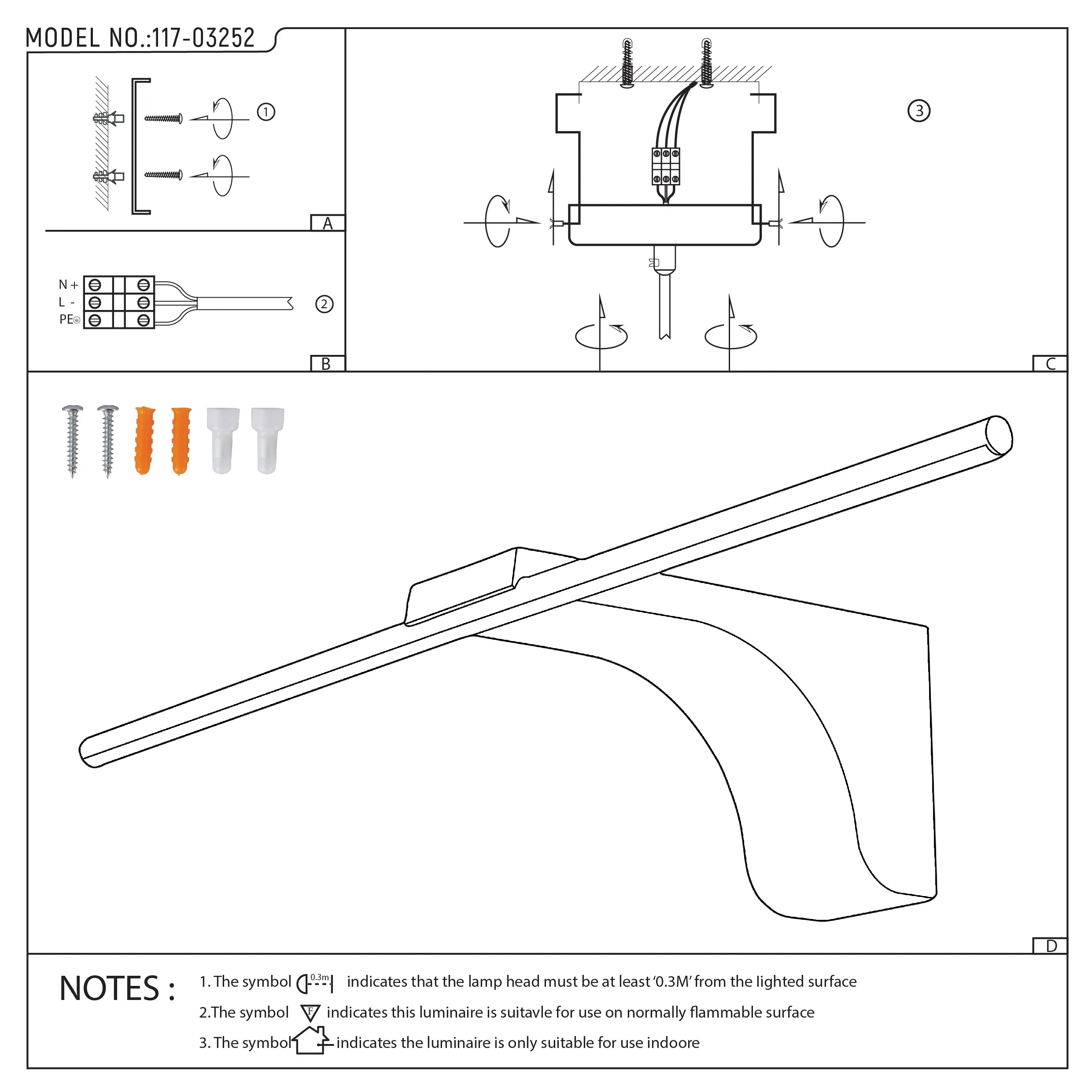 A diagram shows how to install the stylish, modern LED desk lamp. Screws, fixings, and wiring details are included.