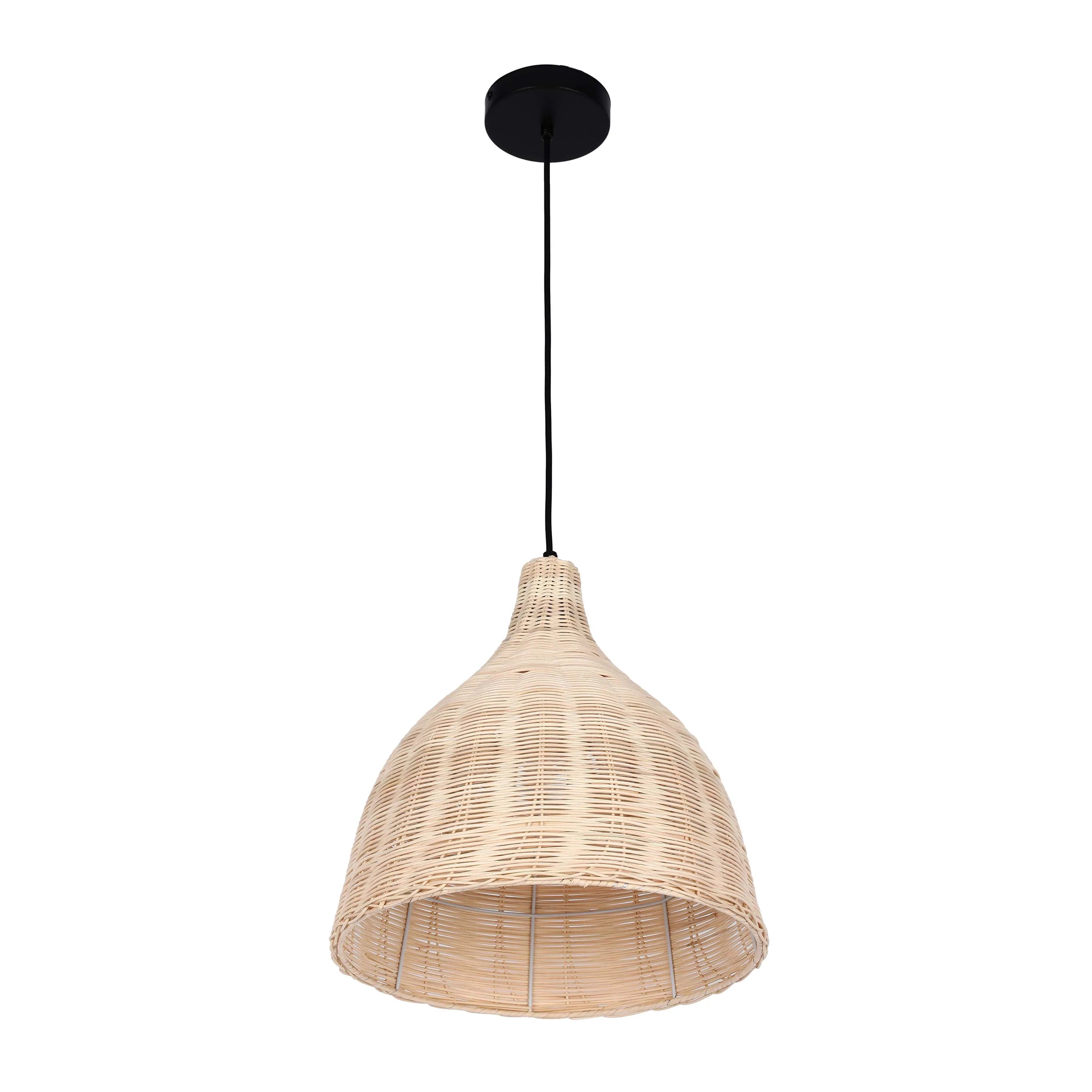 A wicker pendant light hangs from a black cord and ceiling rose. The light is off and the background is white.