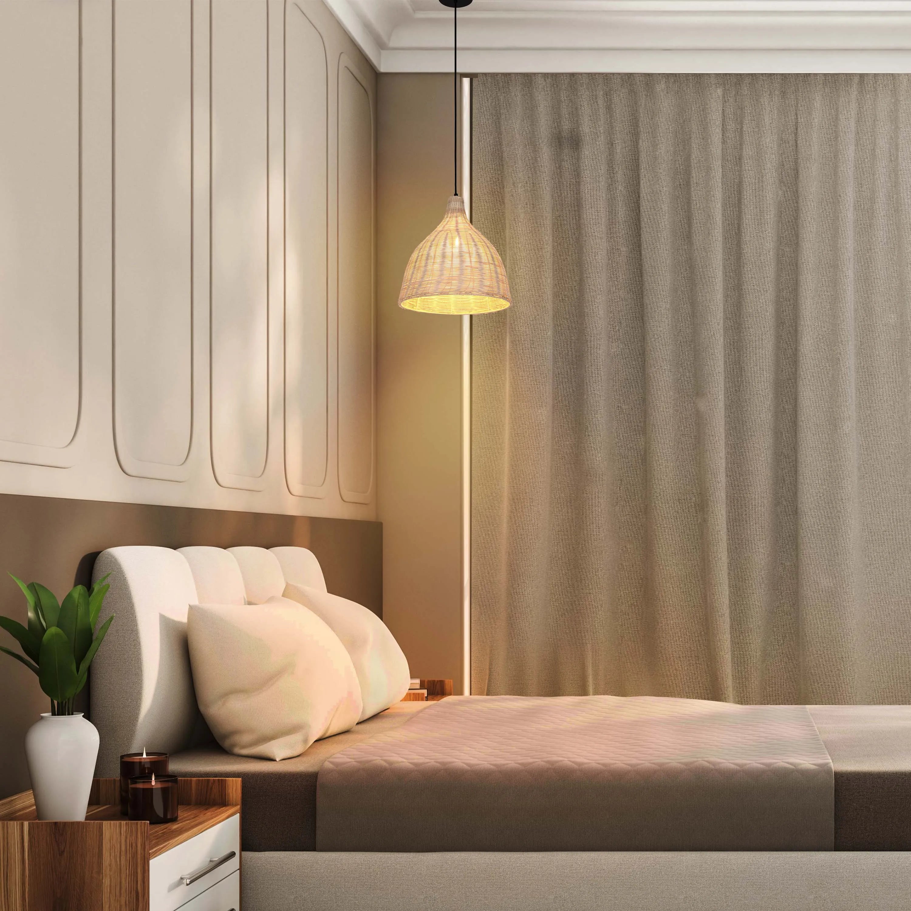 A rattan pendant light hangs above a neatly made bed. The light casts a warm glow in the bedroom.