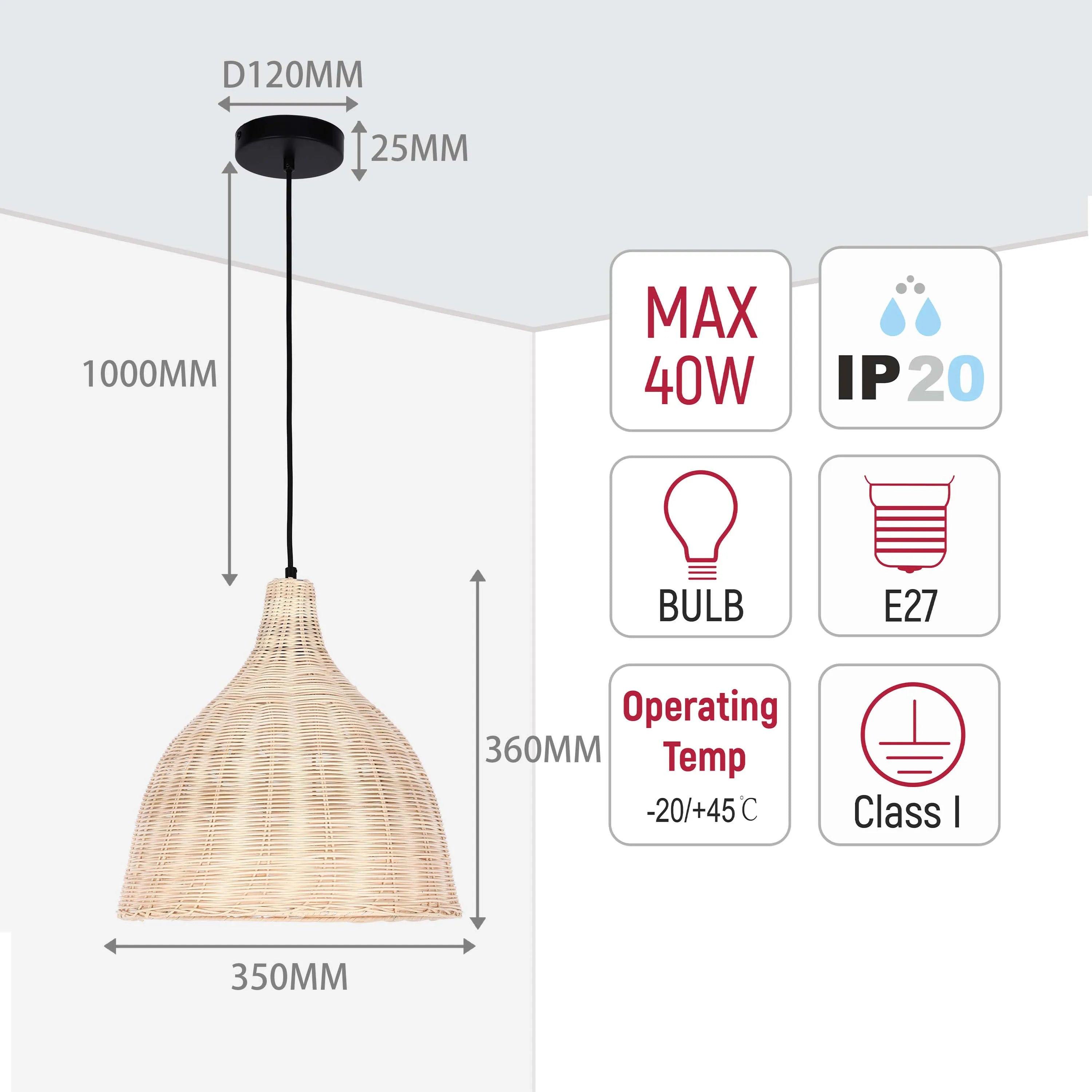 Pendant light with natural woven shade. Dimensions: 1000mm drop, shade 350mm wide, 360mm high. Max 40W, E27 bulb. IP20 rated.