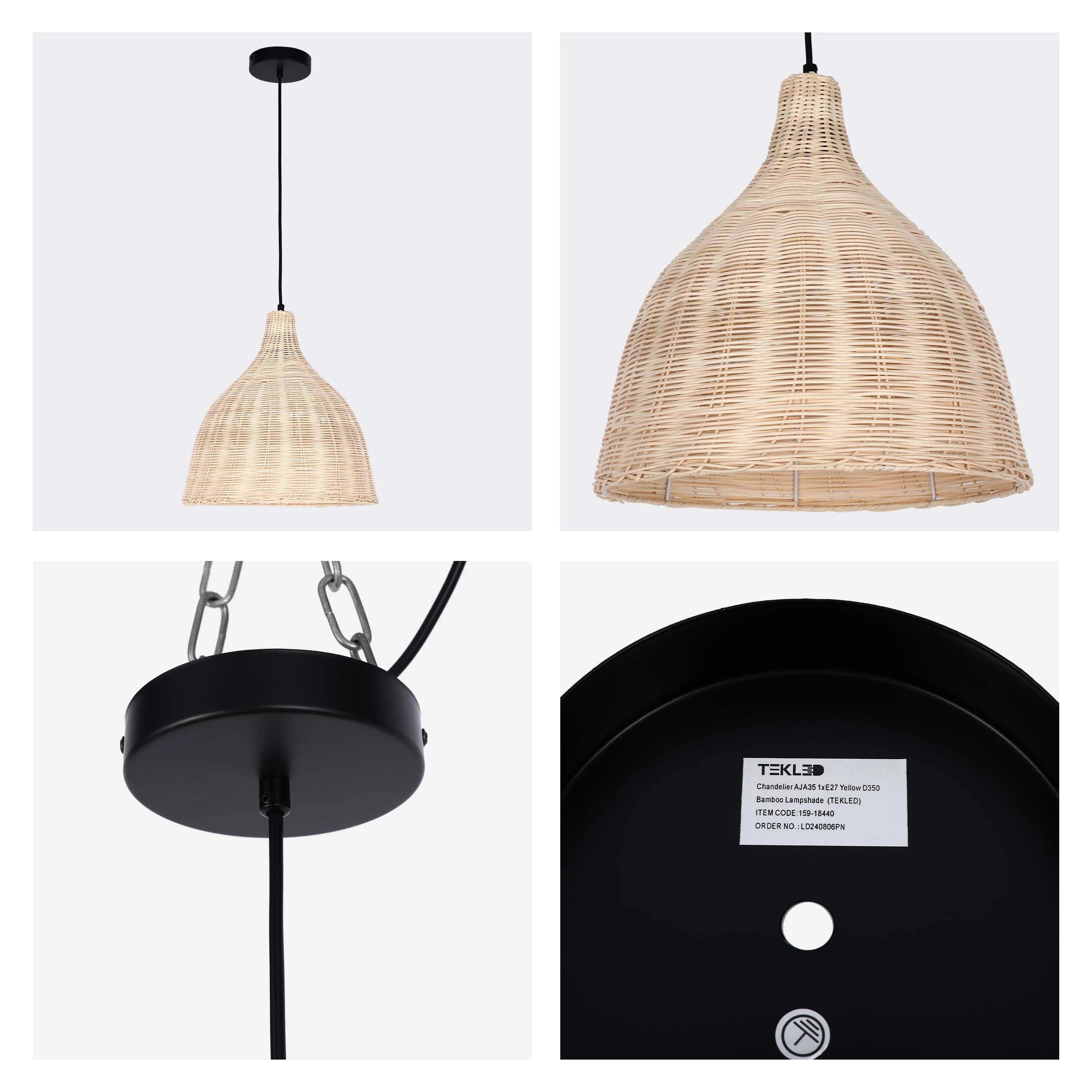 A rattan pendant light with a black ceiling rose. Its lampshade is a woven, bell-shaped natural colour.