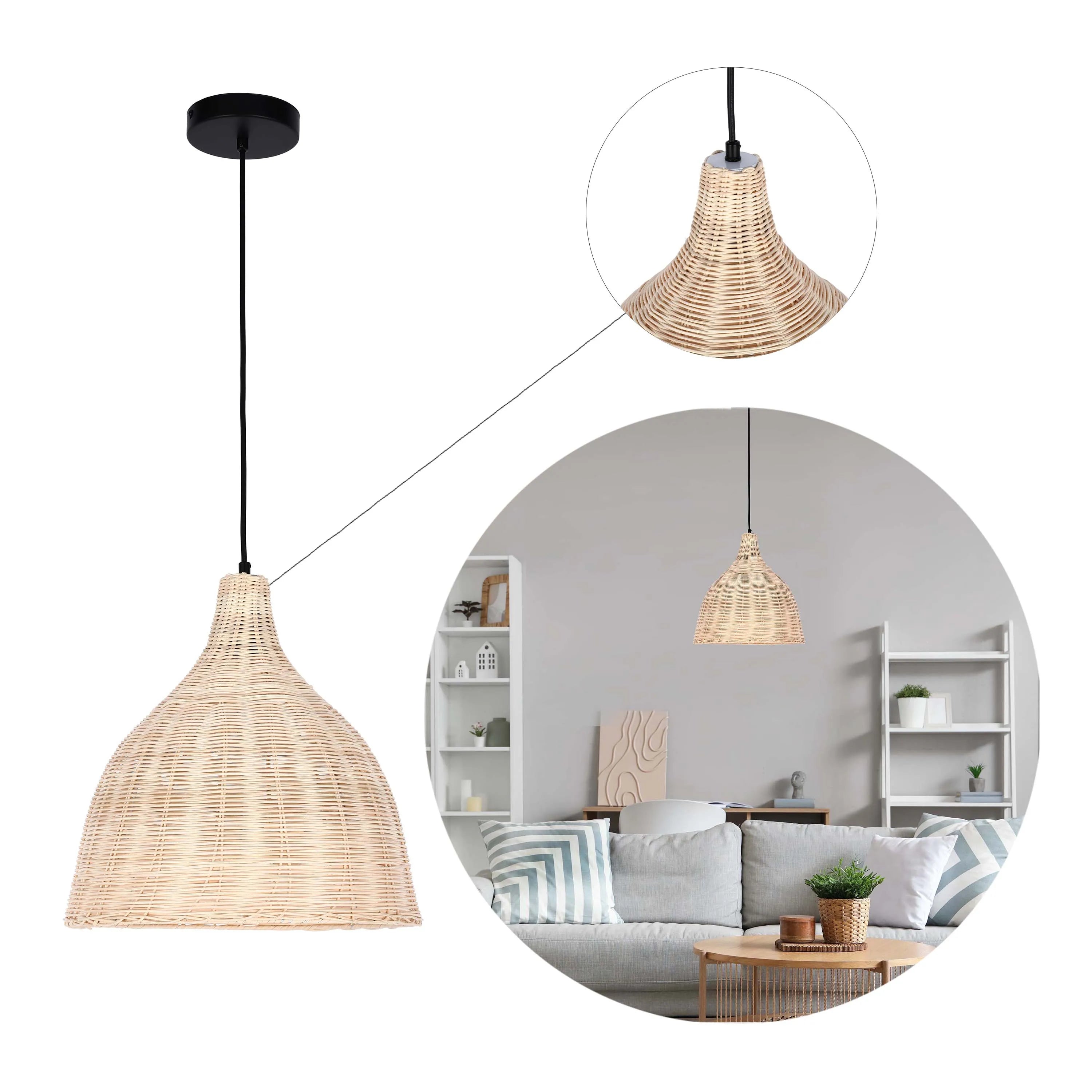 A wicker pendant light with a black ceiling rose is displayed in a bright, contemporary living room setting.