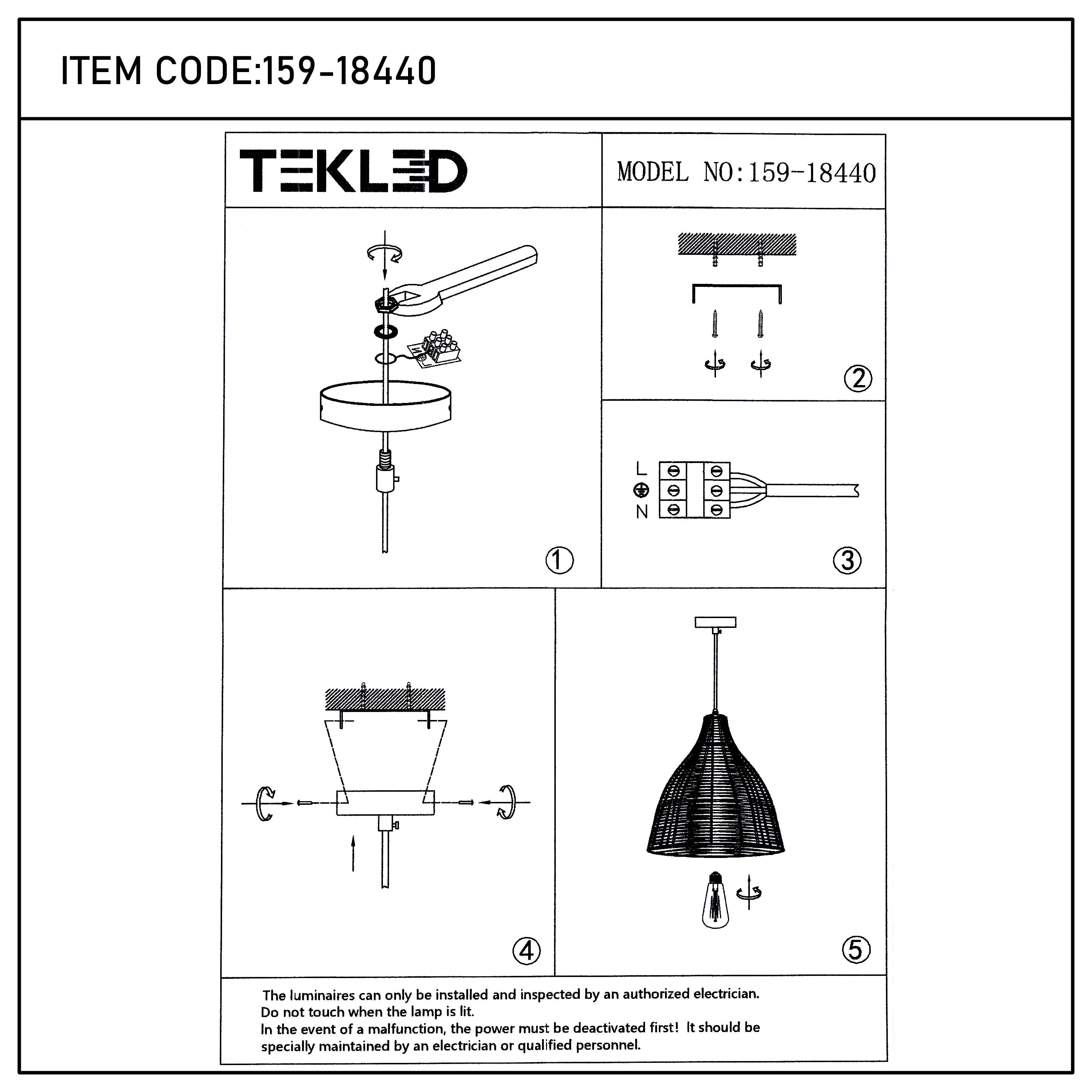 A diagram showing how to assemble a Tekled pendant light (model number 159-18440) with a bulb and woven shade.