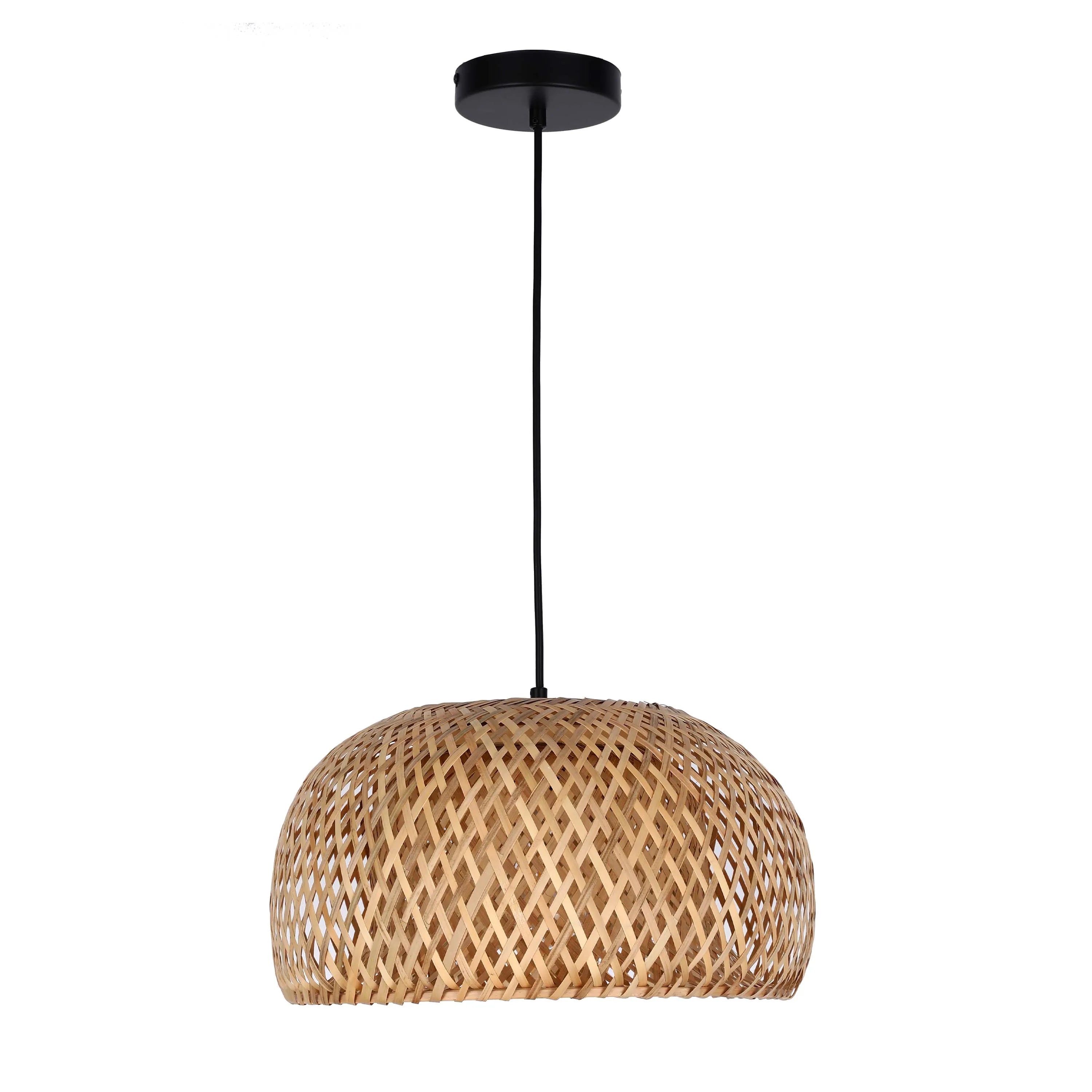 A woven, dome-shaped pendant light hangs from a black ceiling rose. The woven shade casts a warm, inviting glow.