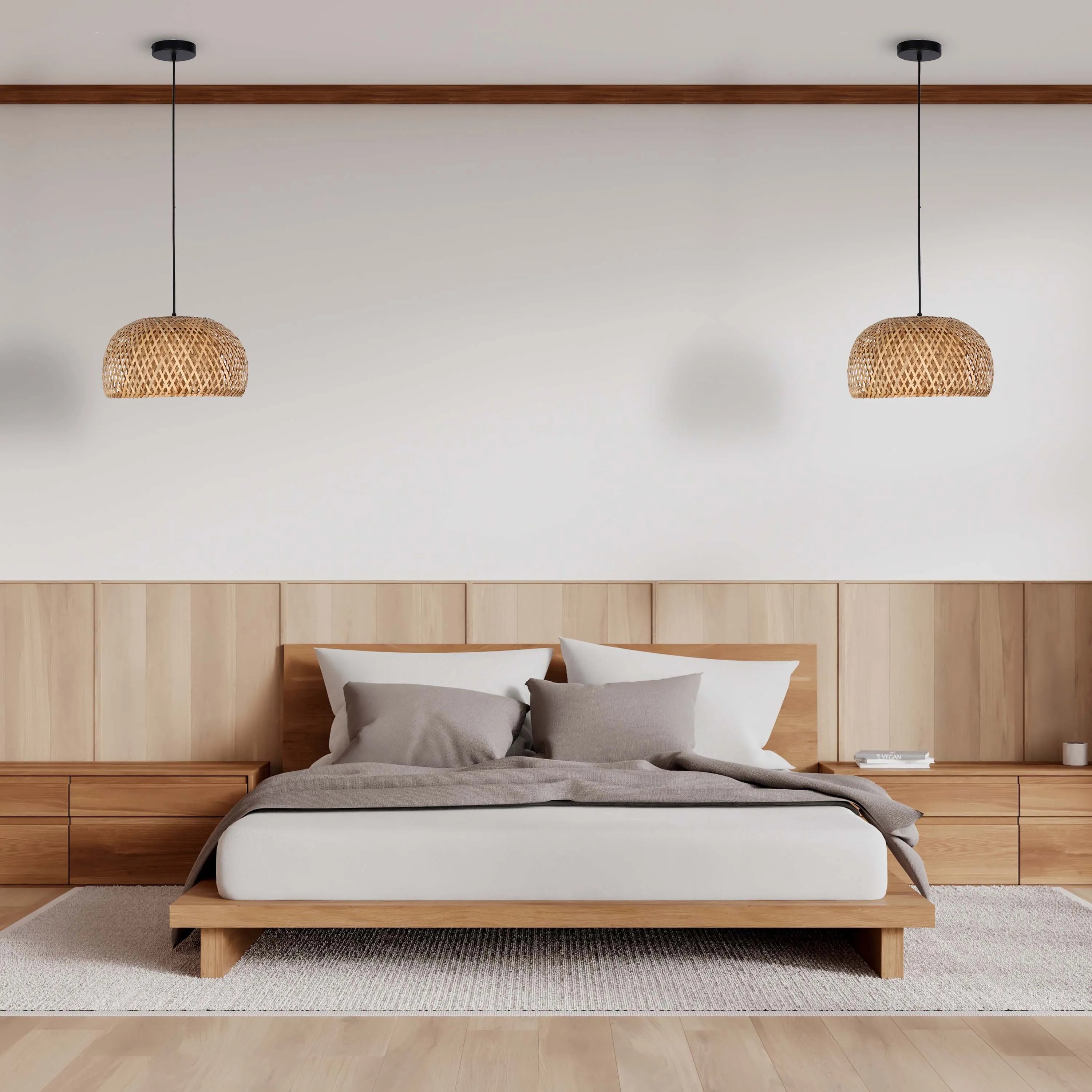 Bedroom with two woven pendant lights hanging above matching wooden bedside tables and a bed with a headboard.