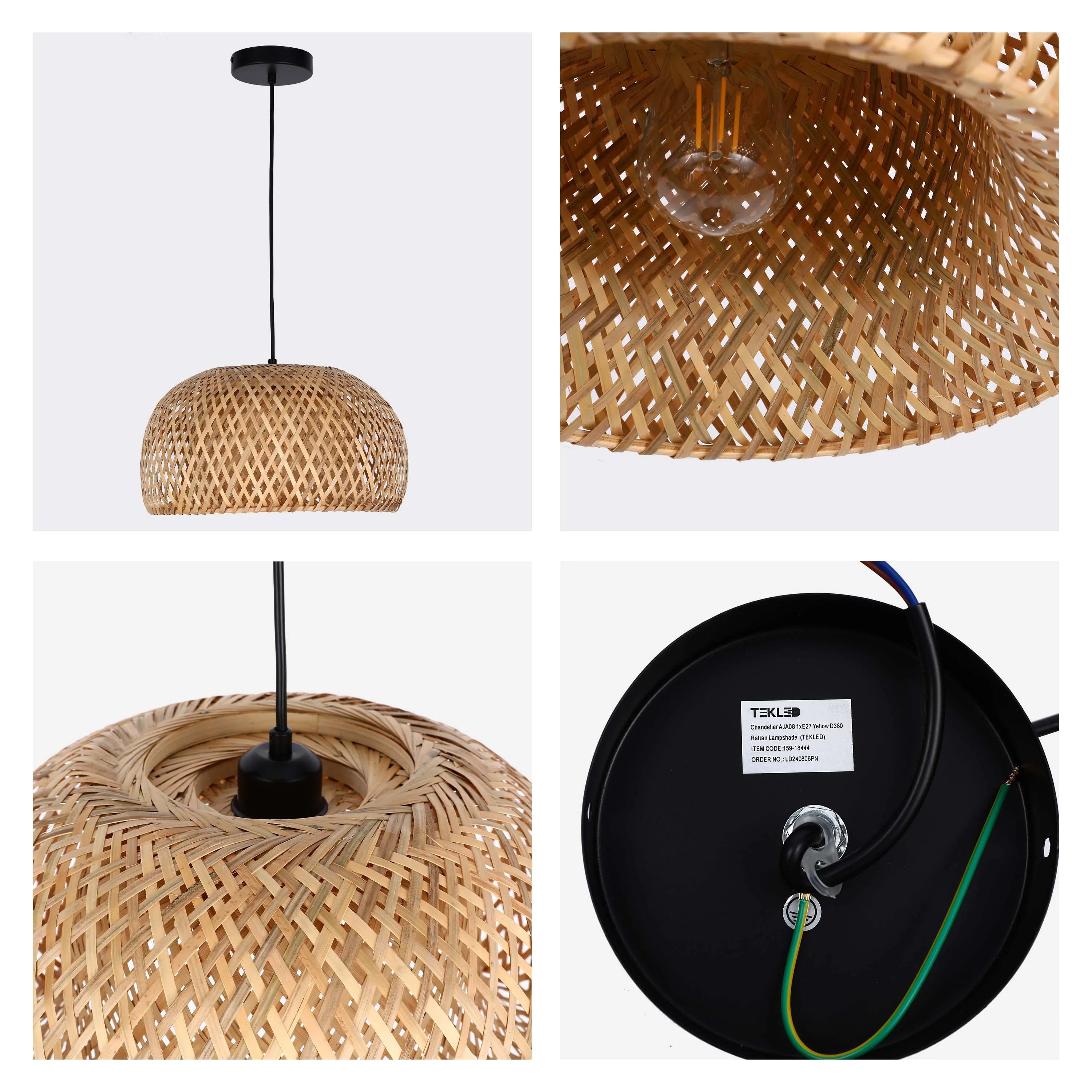 A rattan pendant light with a black ceiling rose, showcasing its woven texture and warm ambient glow.