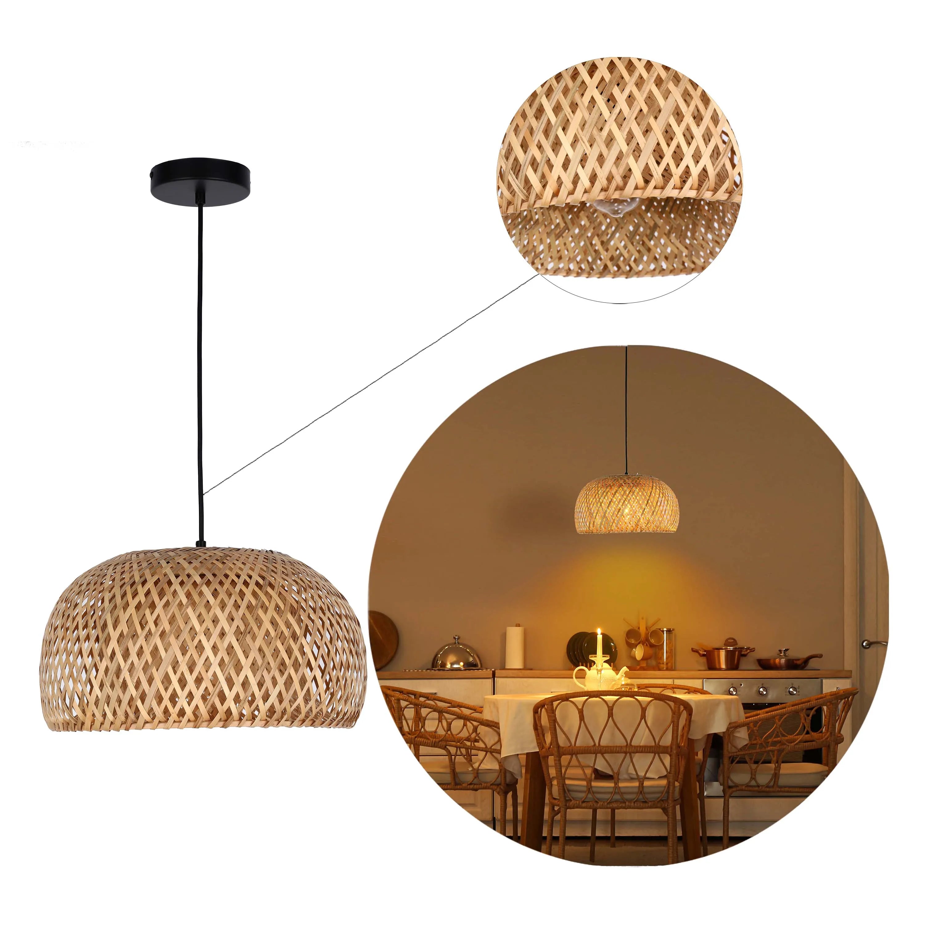 A woven rattan pendant light hangs over a dining table, casting a warm glow in the room.