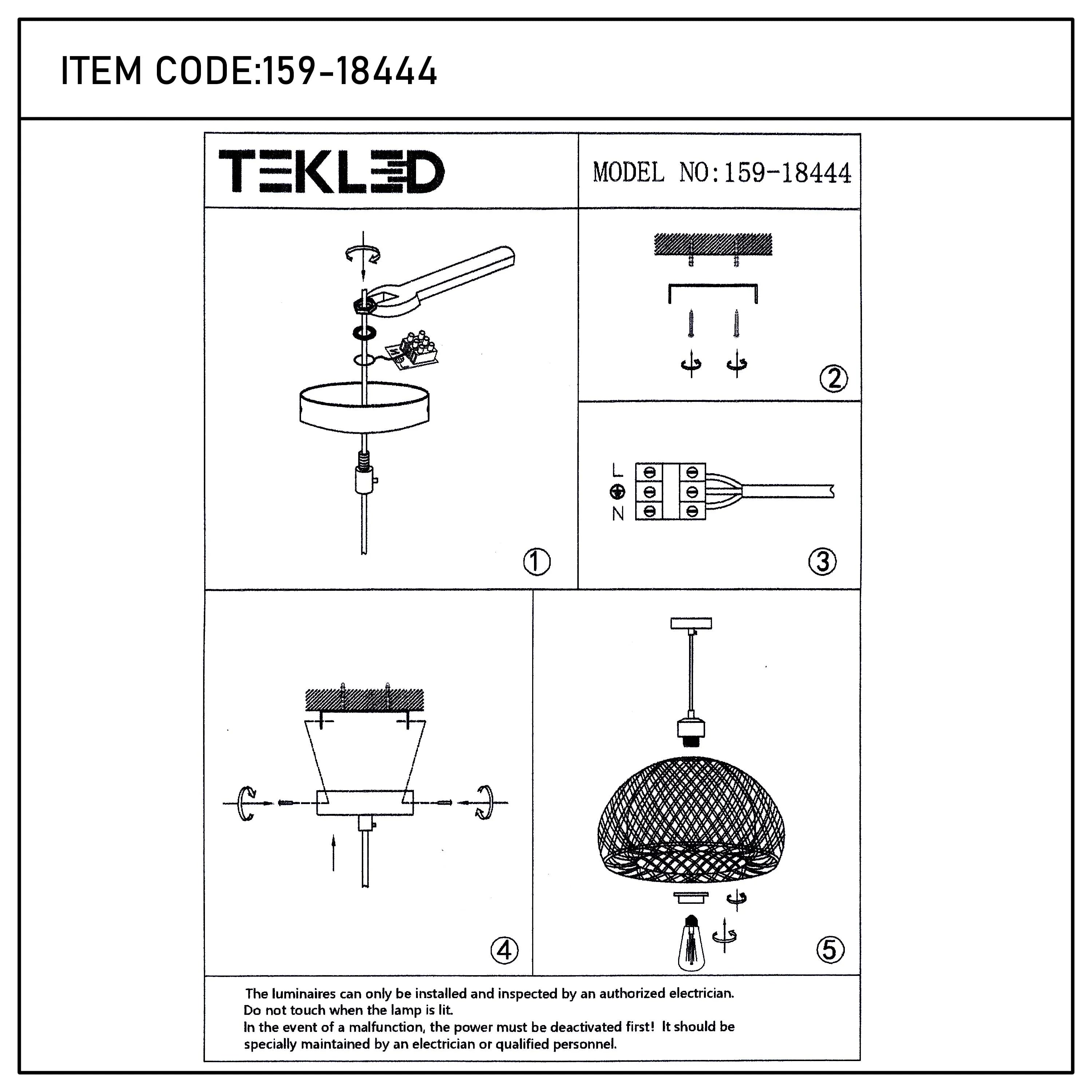 A visual guide for installing a TEKLED pendant light (model no. 159-18444). Includes a wiring diagram and installation tips.