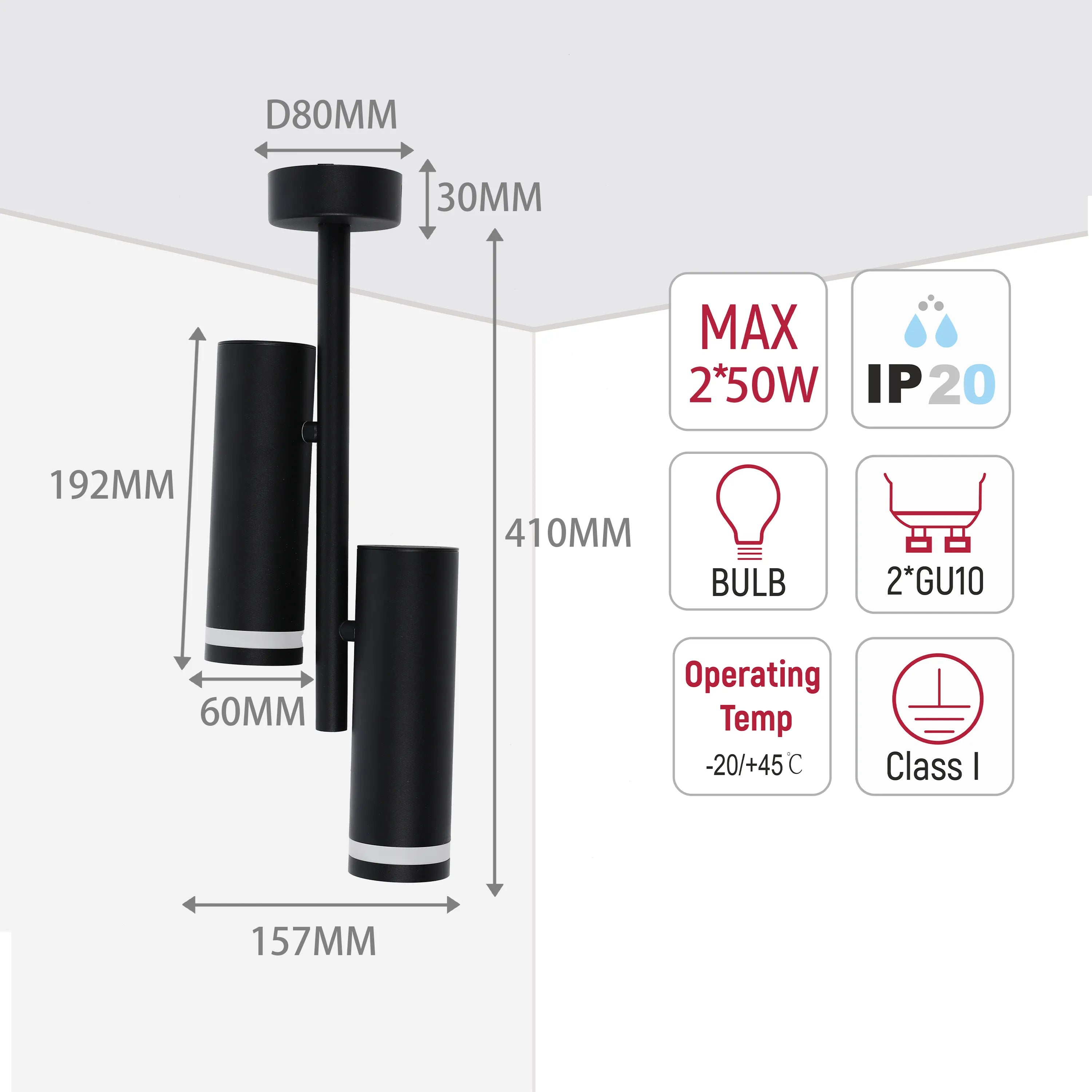 Modern black ceiling light with dimensions shown in millimetres. Requires 2 GU10 bulbs. IP20 rated, Class I