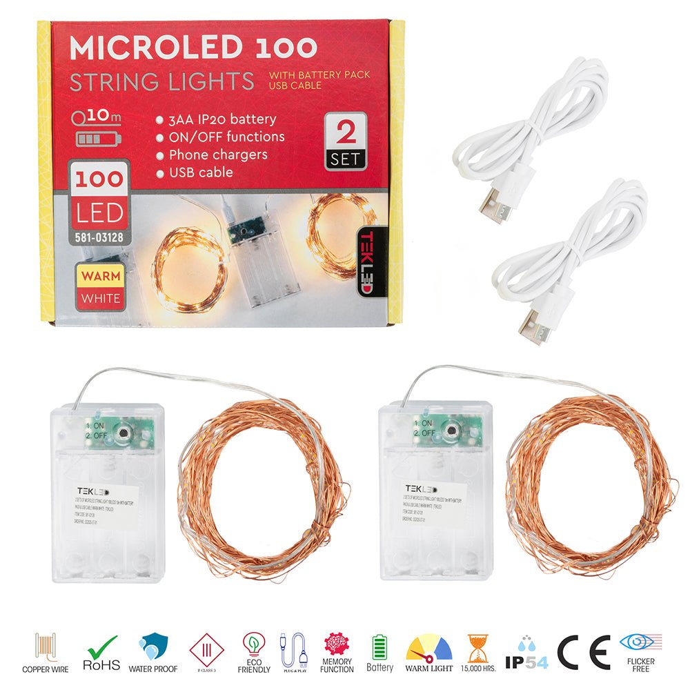 Mensa 2 Sets of Micro-LED 100 LEDs 10m with Battery Pack & USB Cable Warm White LED String Fairy Light