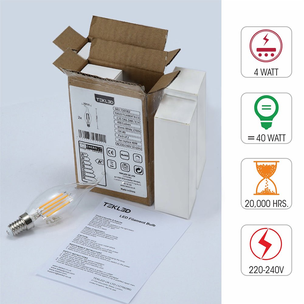 Box content and features of led dimmable filament bulb candle c35 tail e14 small edison screw 4w 400lm warm white 2700k clear pack of 4 Edit alt text
