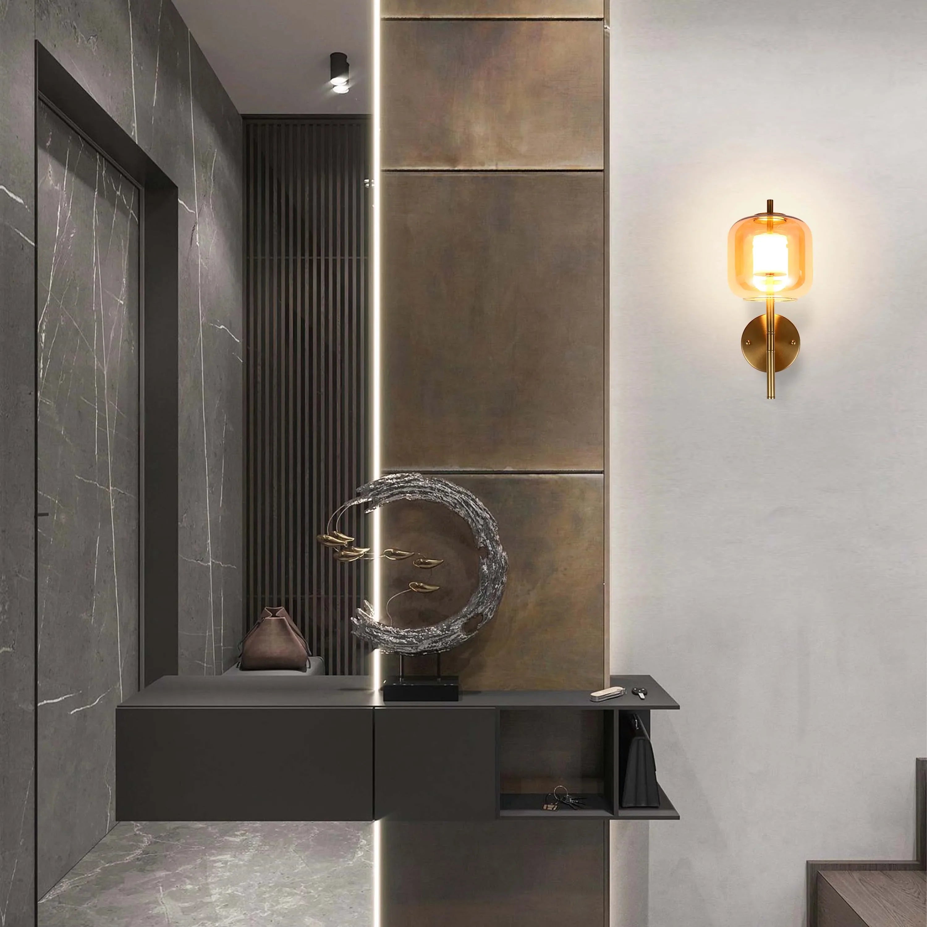 Stylish interior lighting: a warm, amber wall sconce adds character next to an illuminated panel and a modern display shelf.