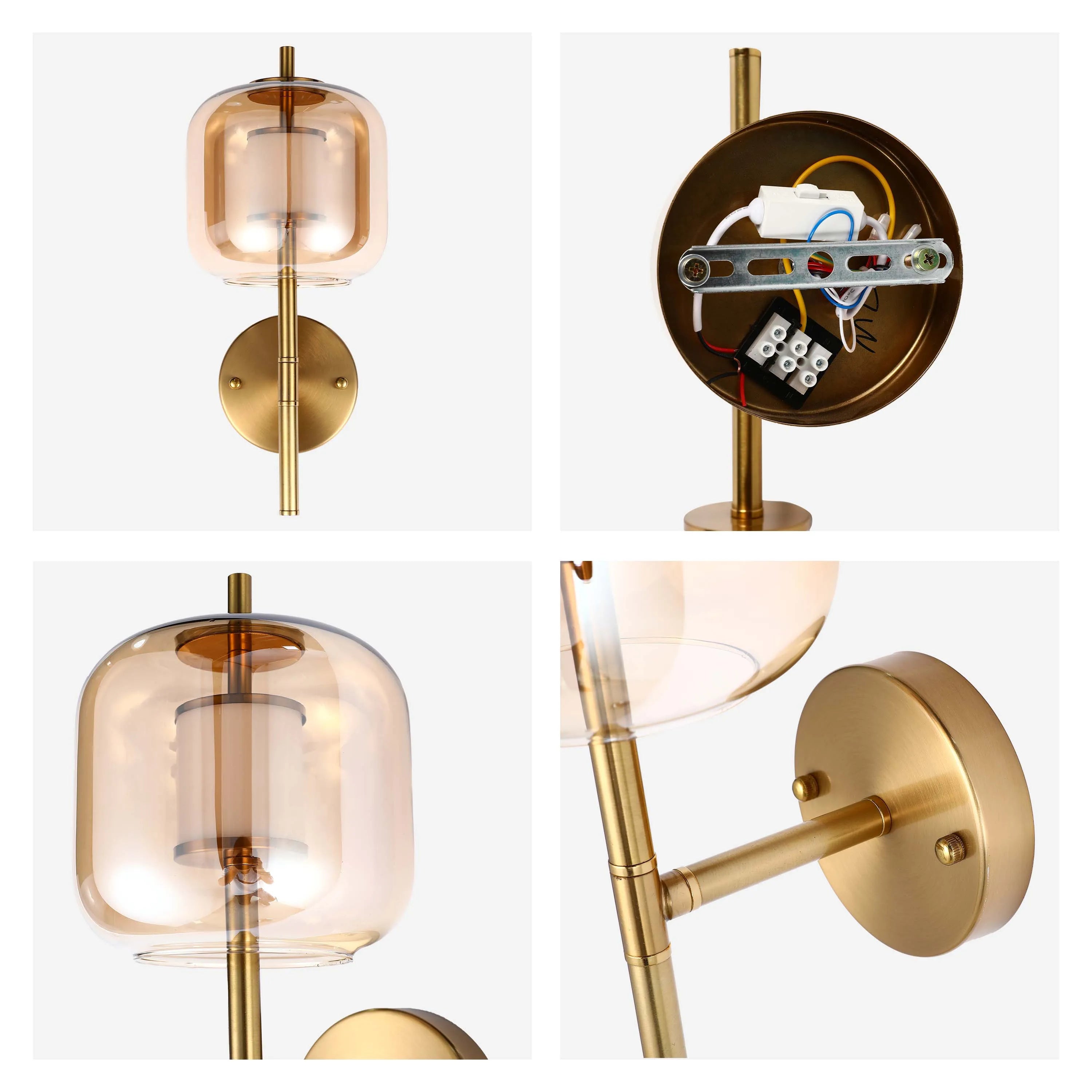 Stylish brass wall light with amber glass shades. A modern addition for ambient illumination in any space.