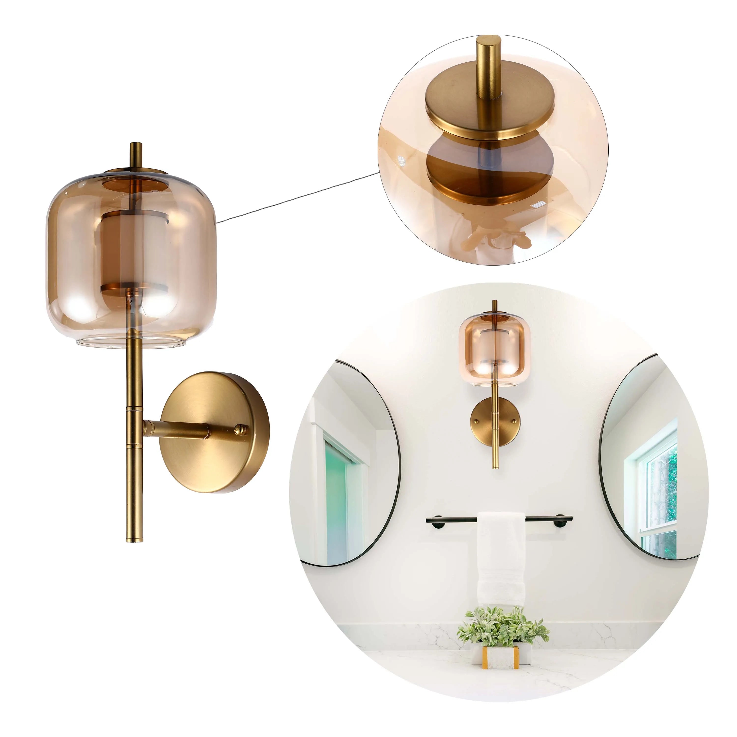 A stylish amber glass and gold wall light, perfect for adding a warm glow to any modern bathroom.