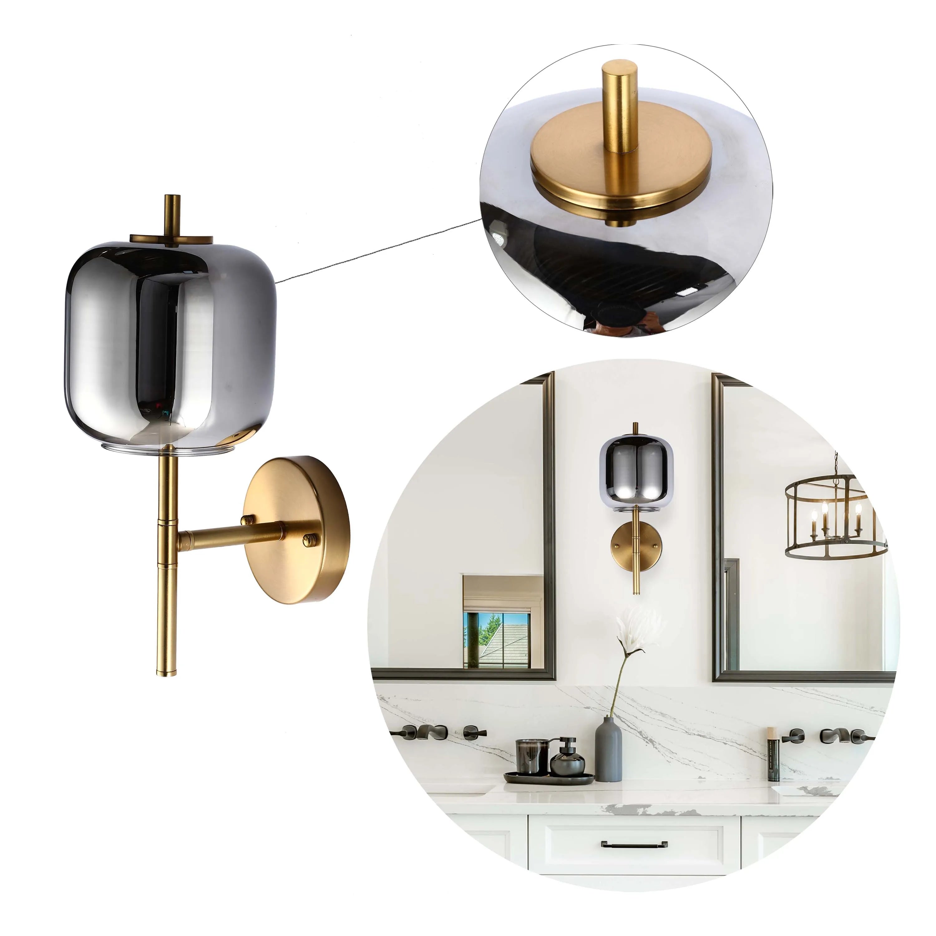 A modern wall sconce with a tinted glass shade and brassy gold finish, set in a stylish bathroom.
