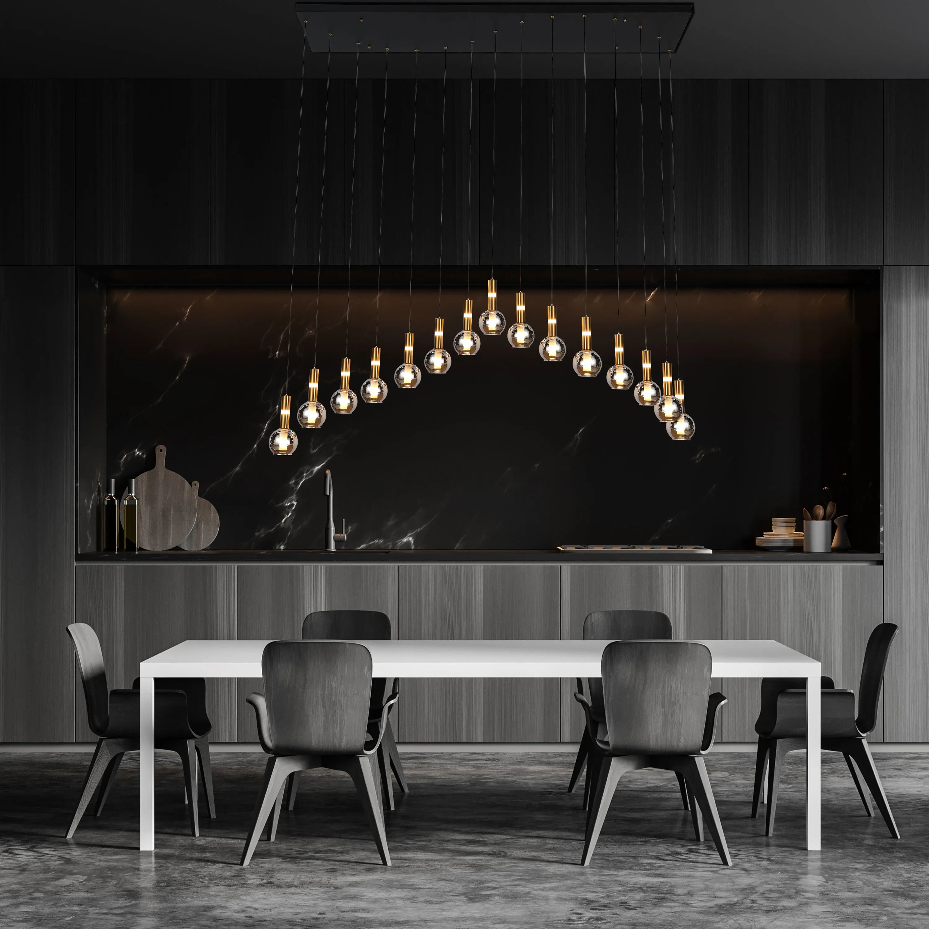 Modern dining room lighting fixture featuring numerous pendant lights in a curved arrangement over a white table.