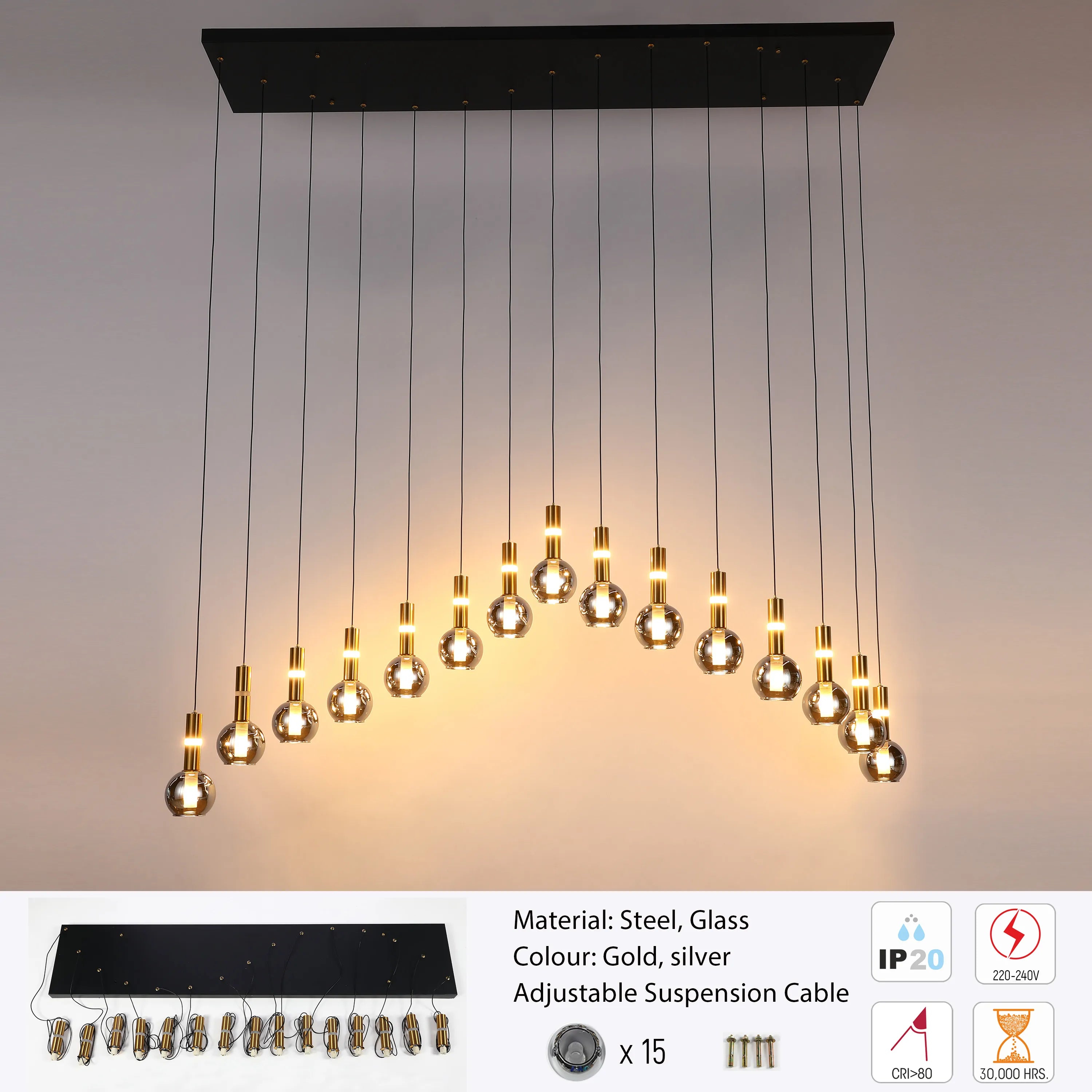 Stylish modern chandelier. Glass orbs hang from adjustable wires, giving an elegant, customisable lighting feature.
