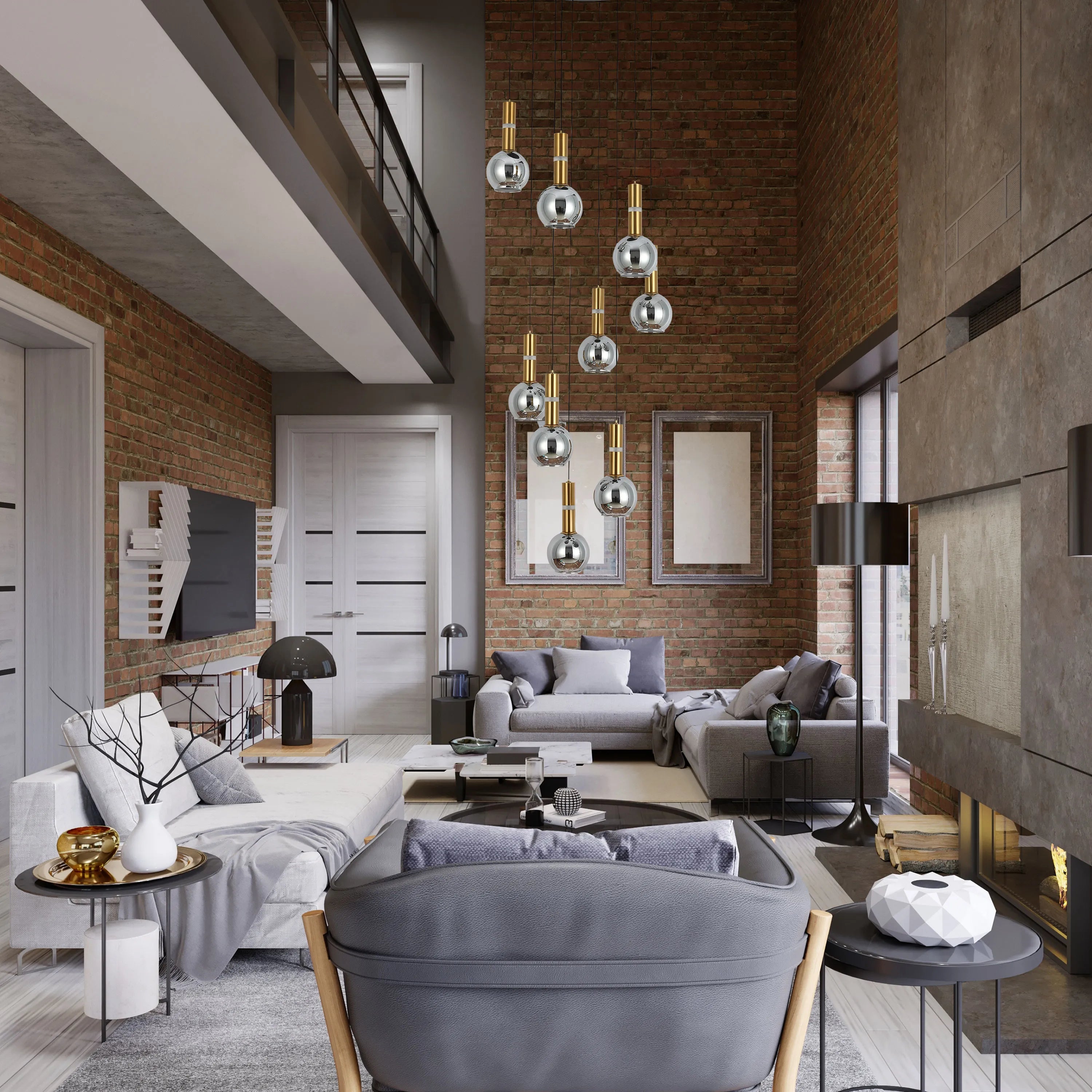 A modern, loft-style living room featuring eye-catching pendant lighting and ambient floor and table lamps, creating a warm atmosphere.