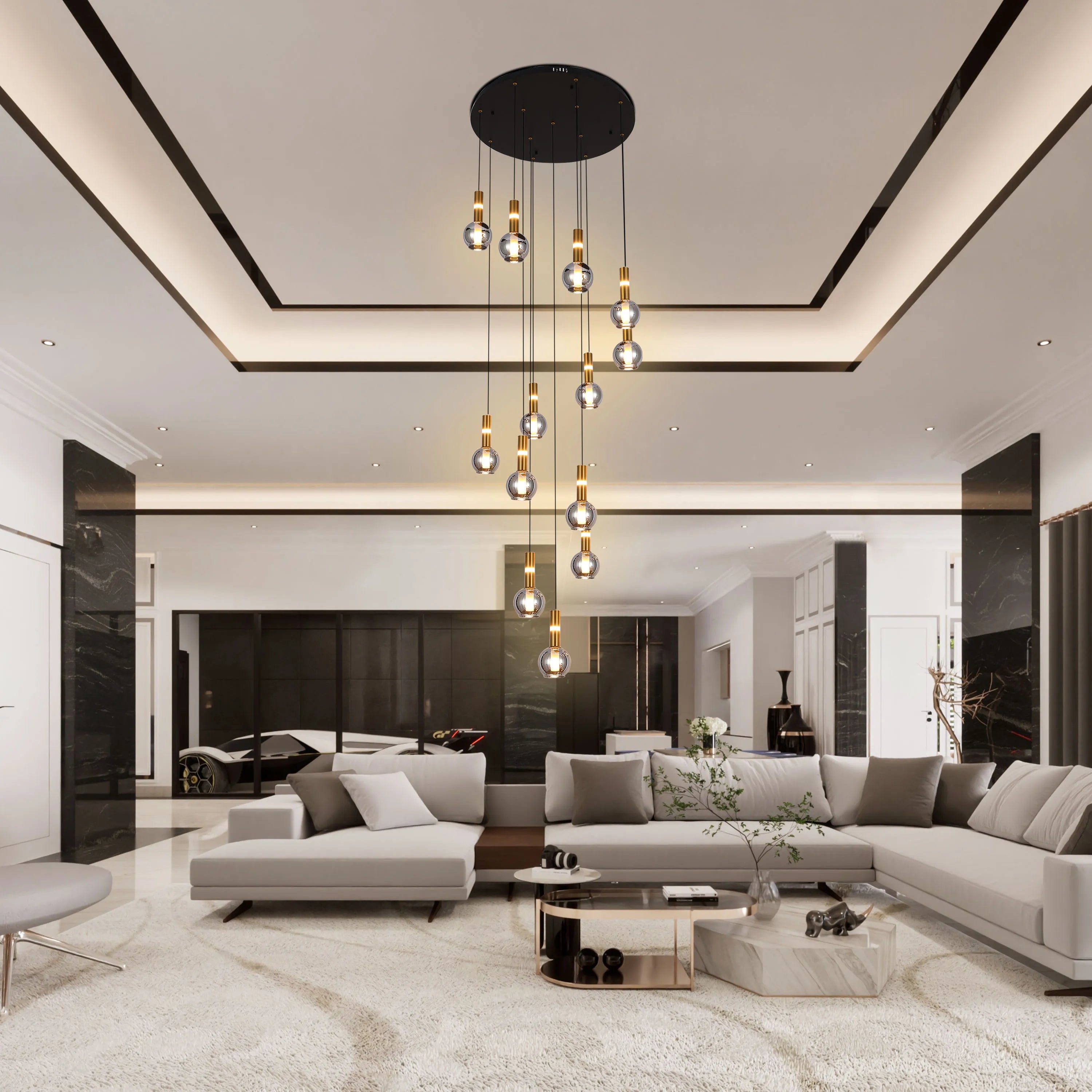 Striking pendant lighting features spherical bulbs hanging at varying heights. Recessed ceiling lights illuminate the space.