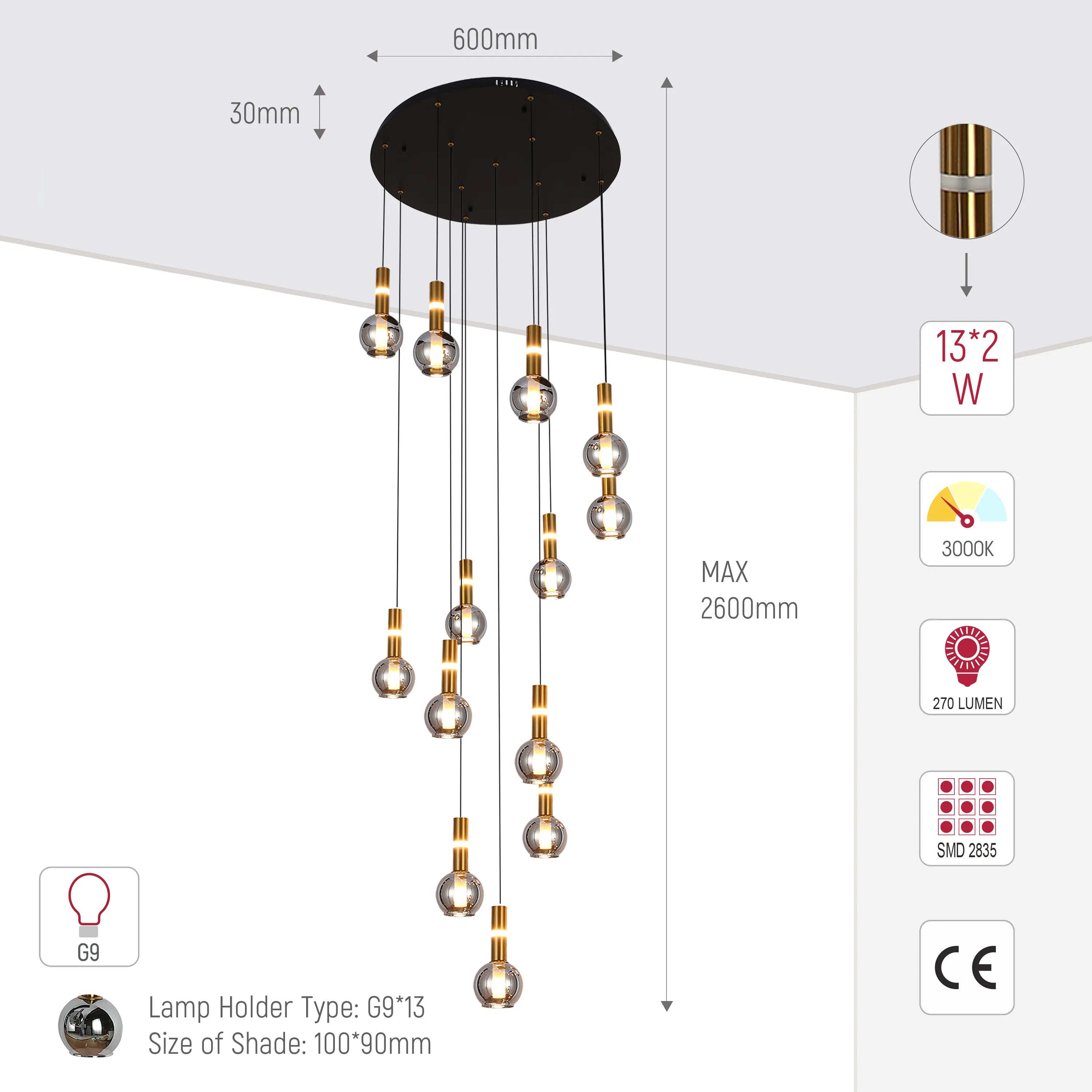 A modern multi-light pendant light with glass shades and brass accents. Displays key dimensions and lighting specifications.