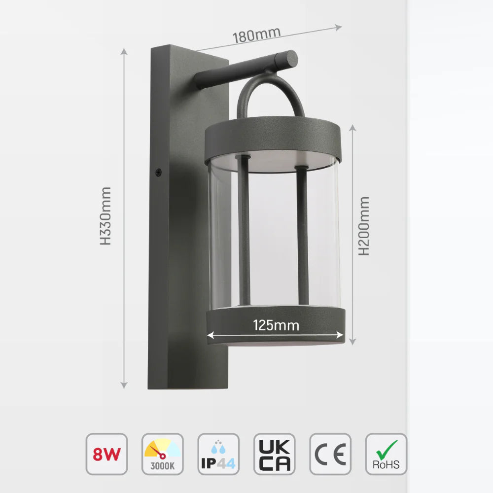 Cassian LED Outdoor Lantern Wall Light 8W 3000K Dark Grey 9