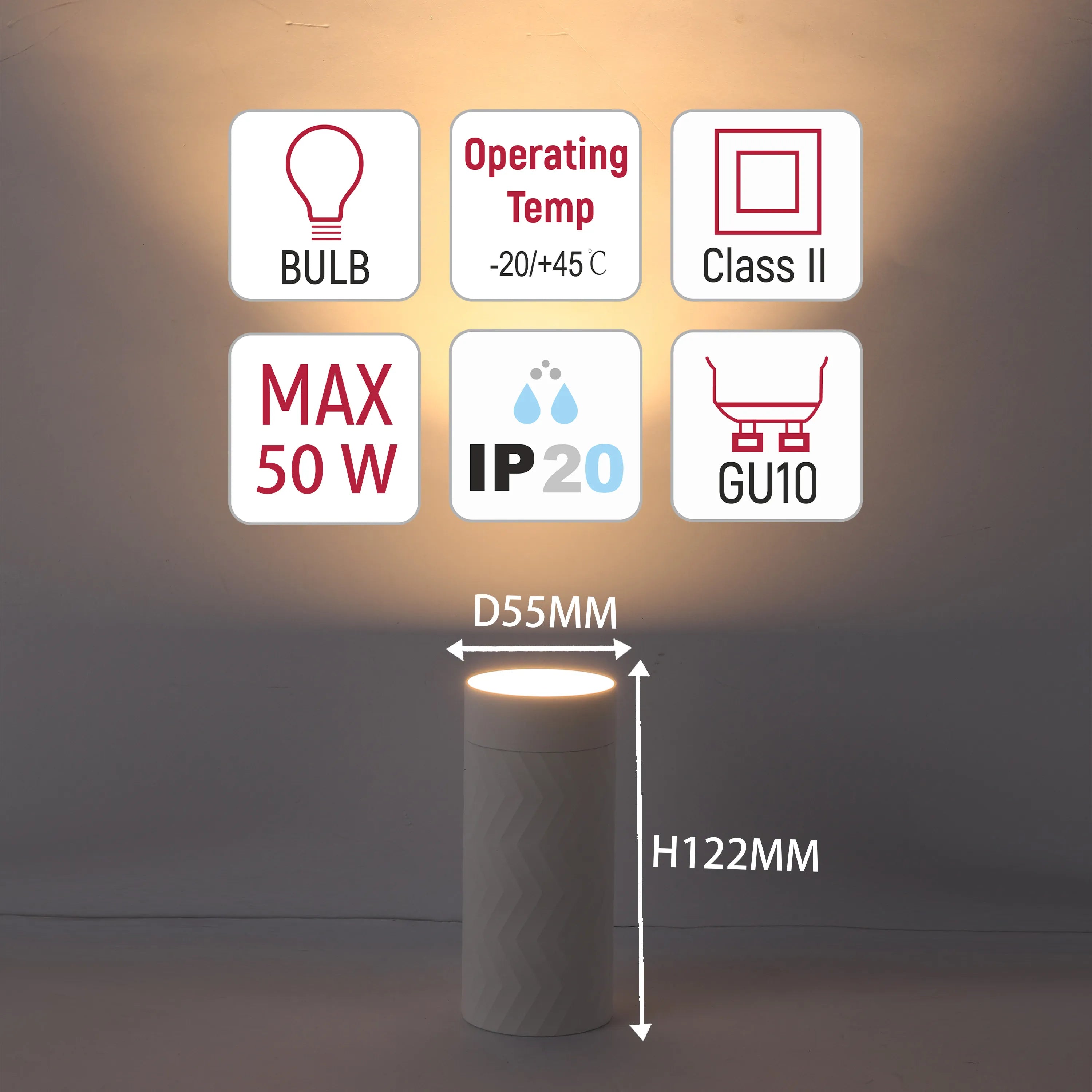 A sleek modern lamp with a 50W bulb. It's IP20 rated, Class II safety, and operates between -20/+45°C. Dimensions: D55MM and H122MM.