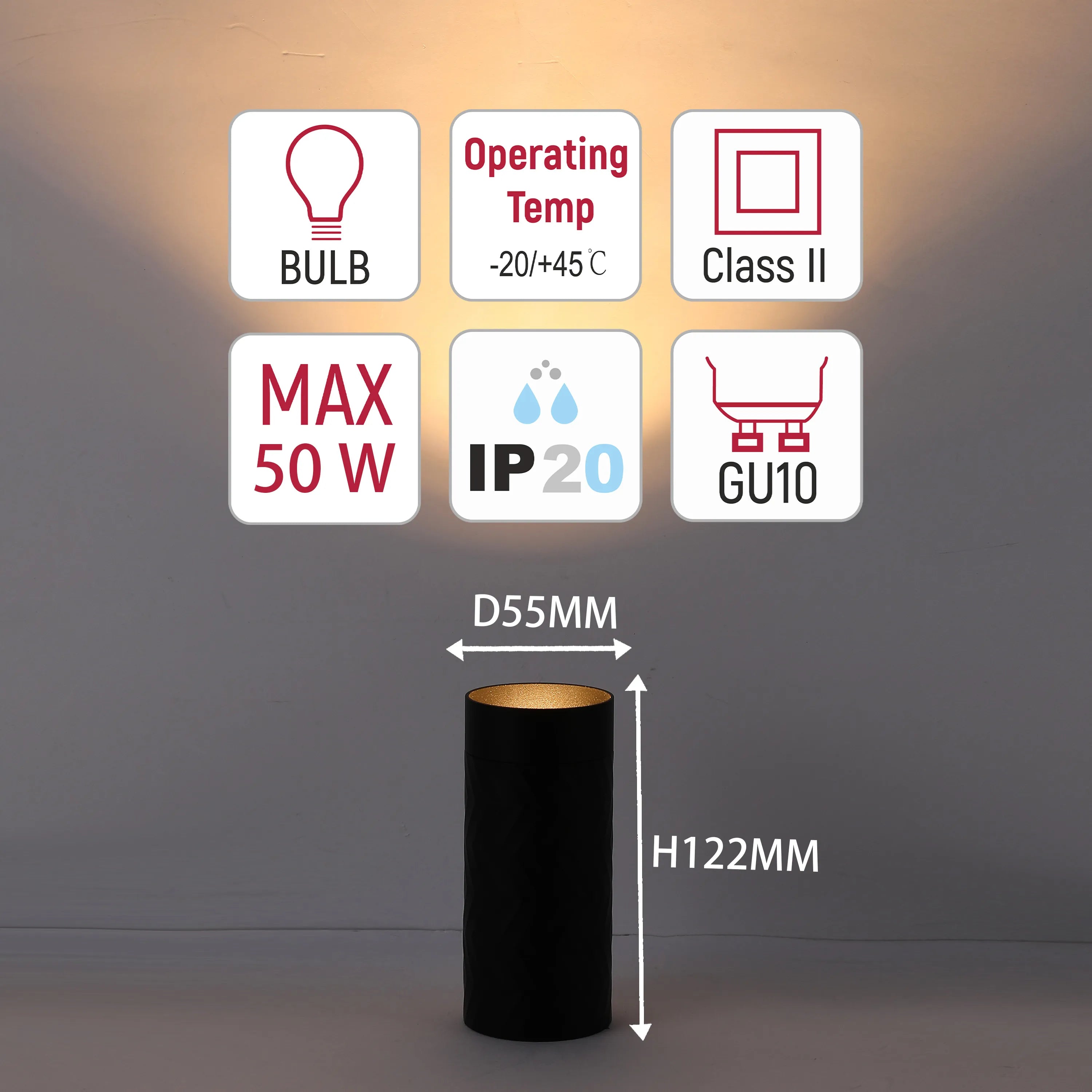 Technical specification diagram of cylindrical light. Shows bulb type, operating temperature, IP rating, and dimensions.