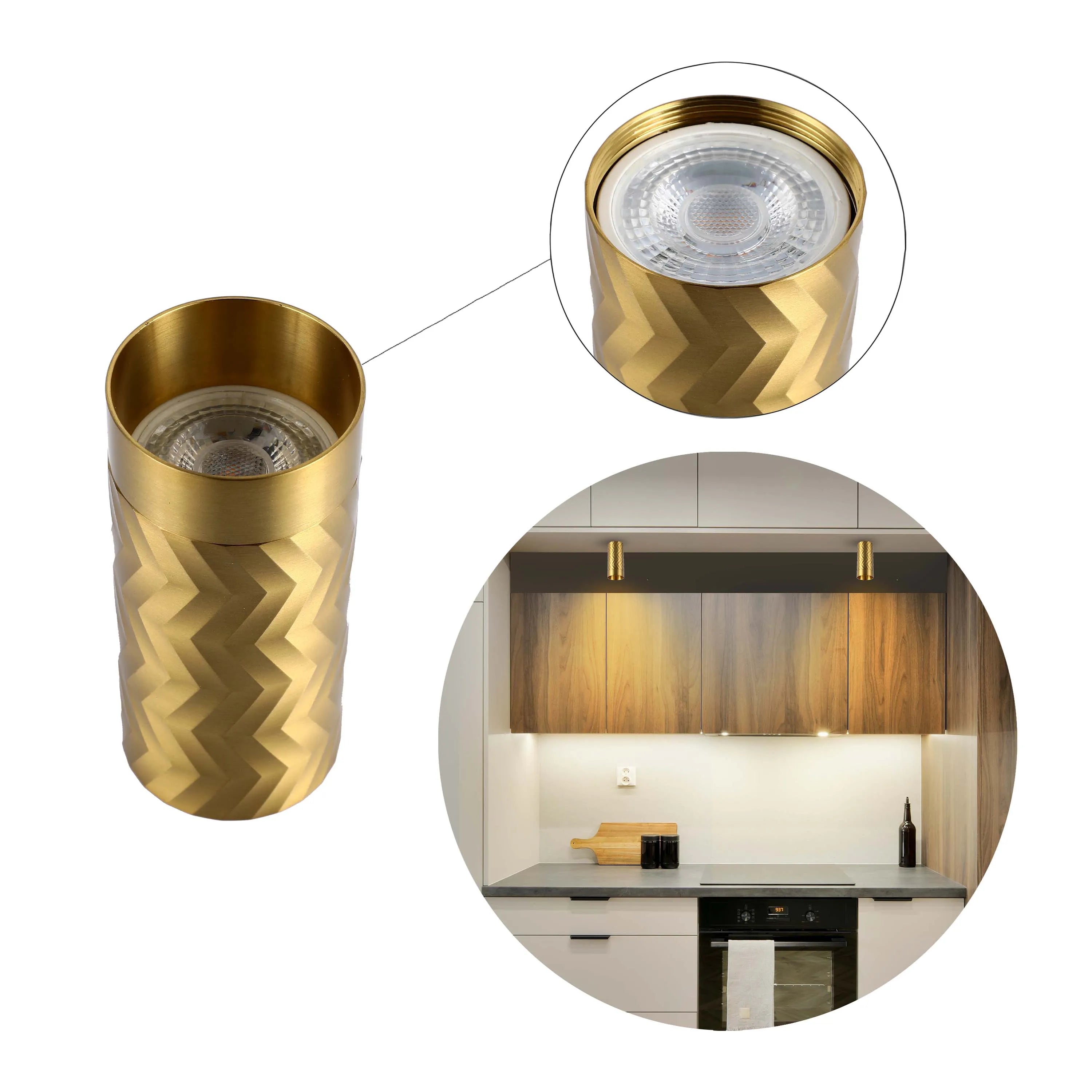 Modern gold ceiling lights illuminate a stylish kitchen. Contemporary design for task and ambient lighting.