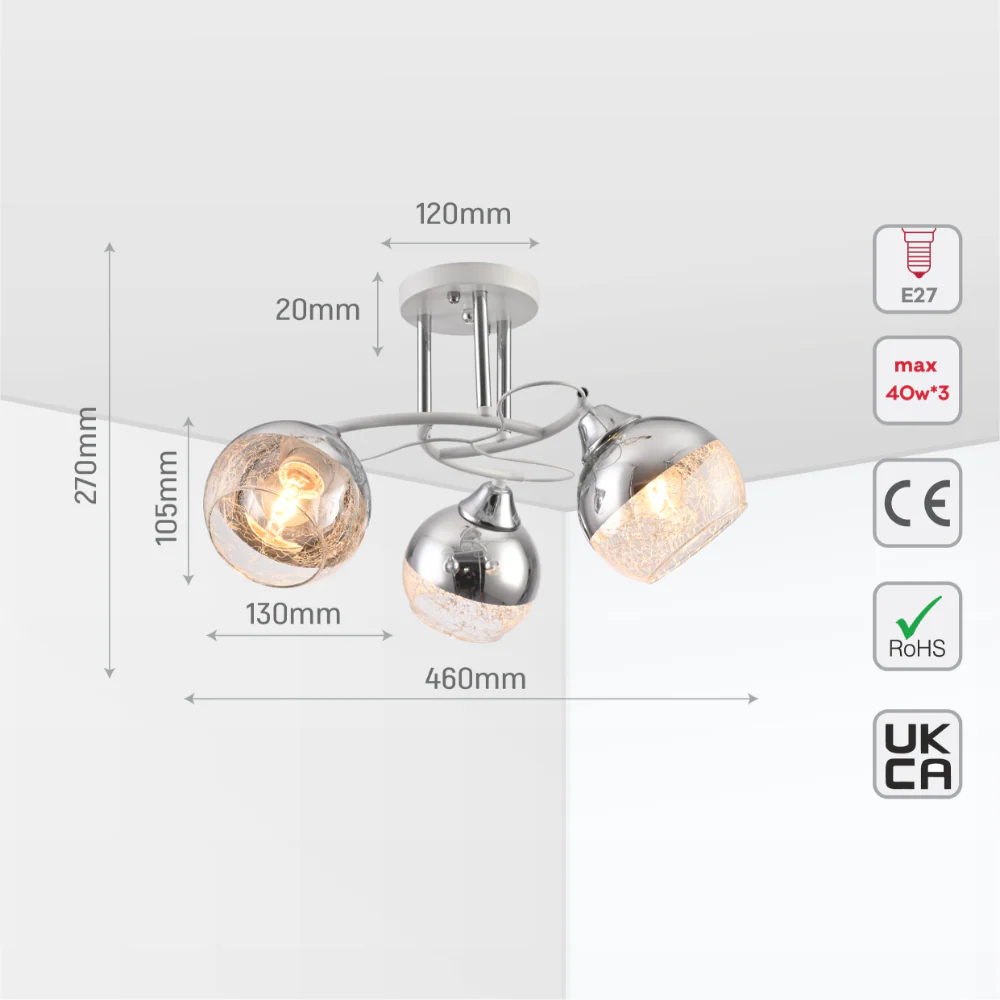 Chrome Metal Partial Mirror Cone Glass Ceiling Light E27 12