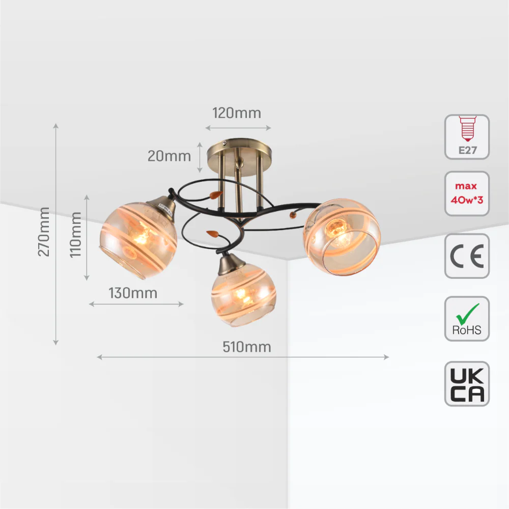 Chrome Metal Partial Mirror Cone Glass Ceiling Light E27 17