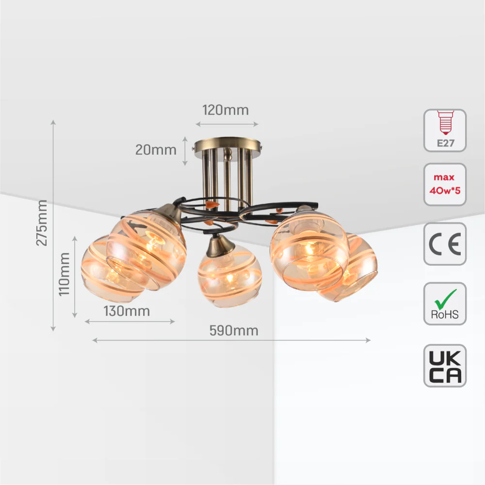 Chrome Metal Partial Mirror Cone Glass Ceiling Light E27 18