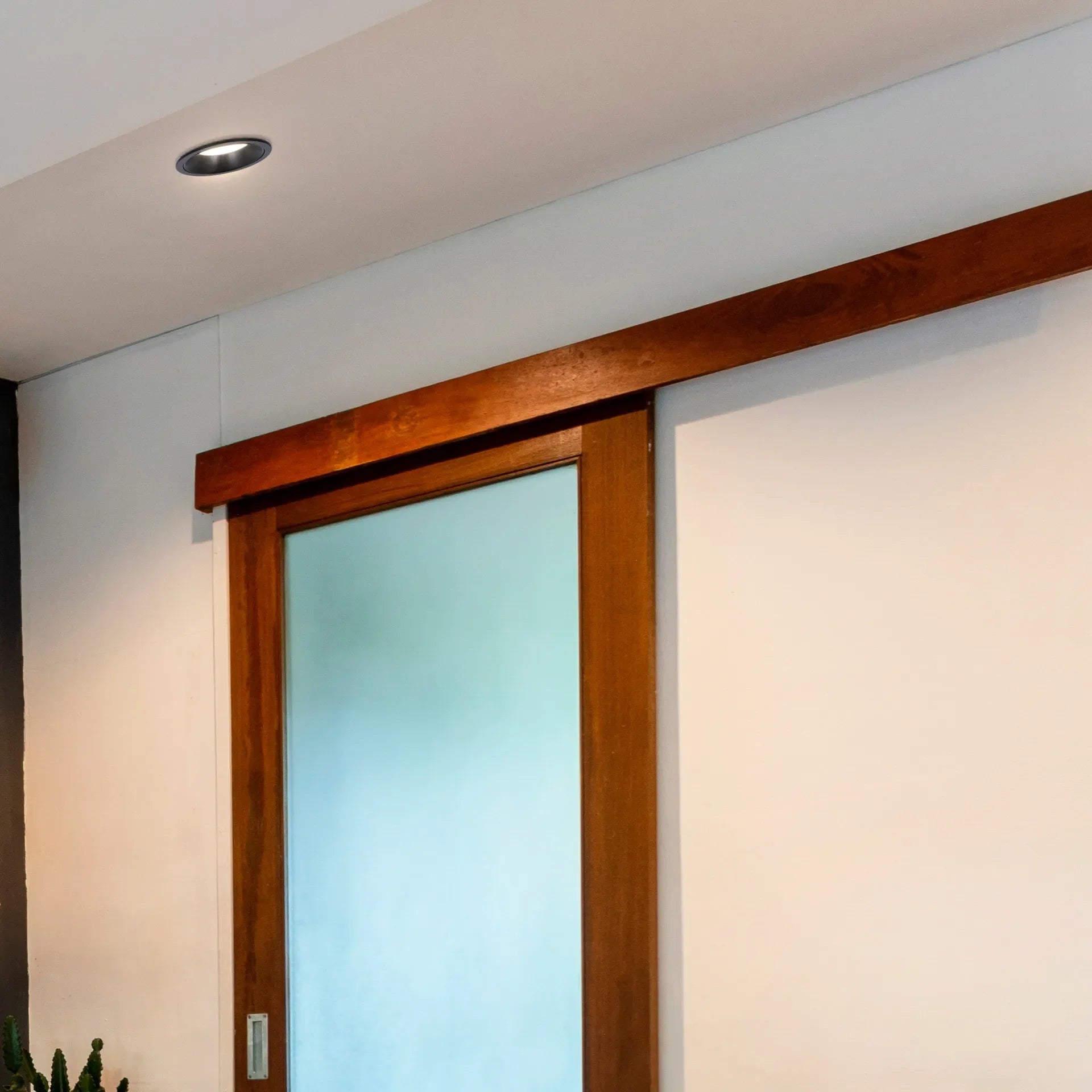 A recessed downlight provides illumination in a room with a sliding wooden door, offering a modern, sleek lighting solution.