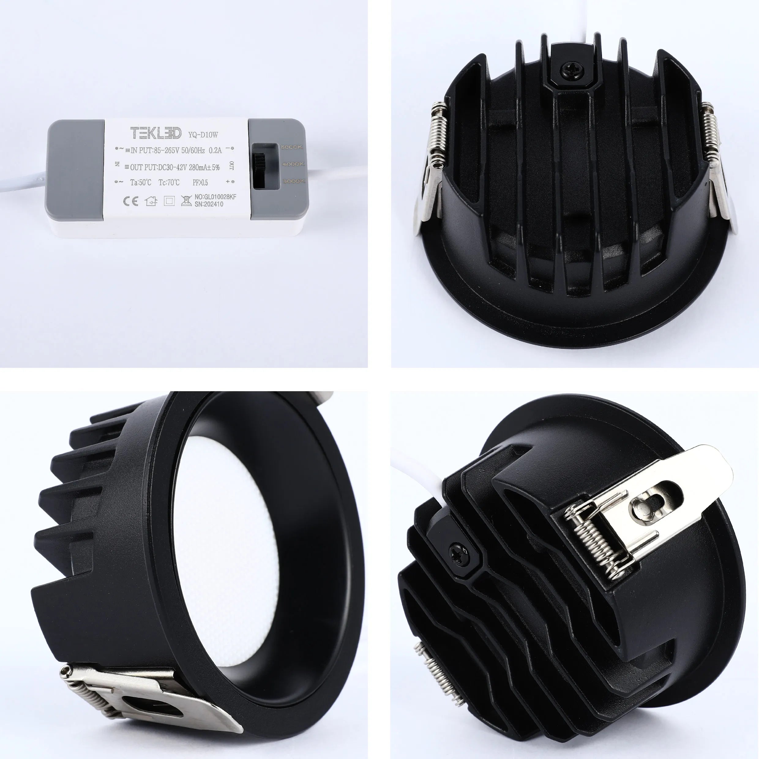 A black LED downlight with a heat sink design and colour temperature selector, accompanied by its power supply.