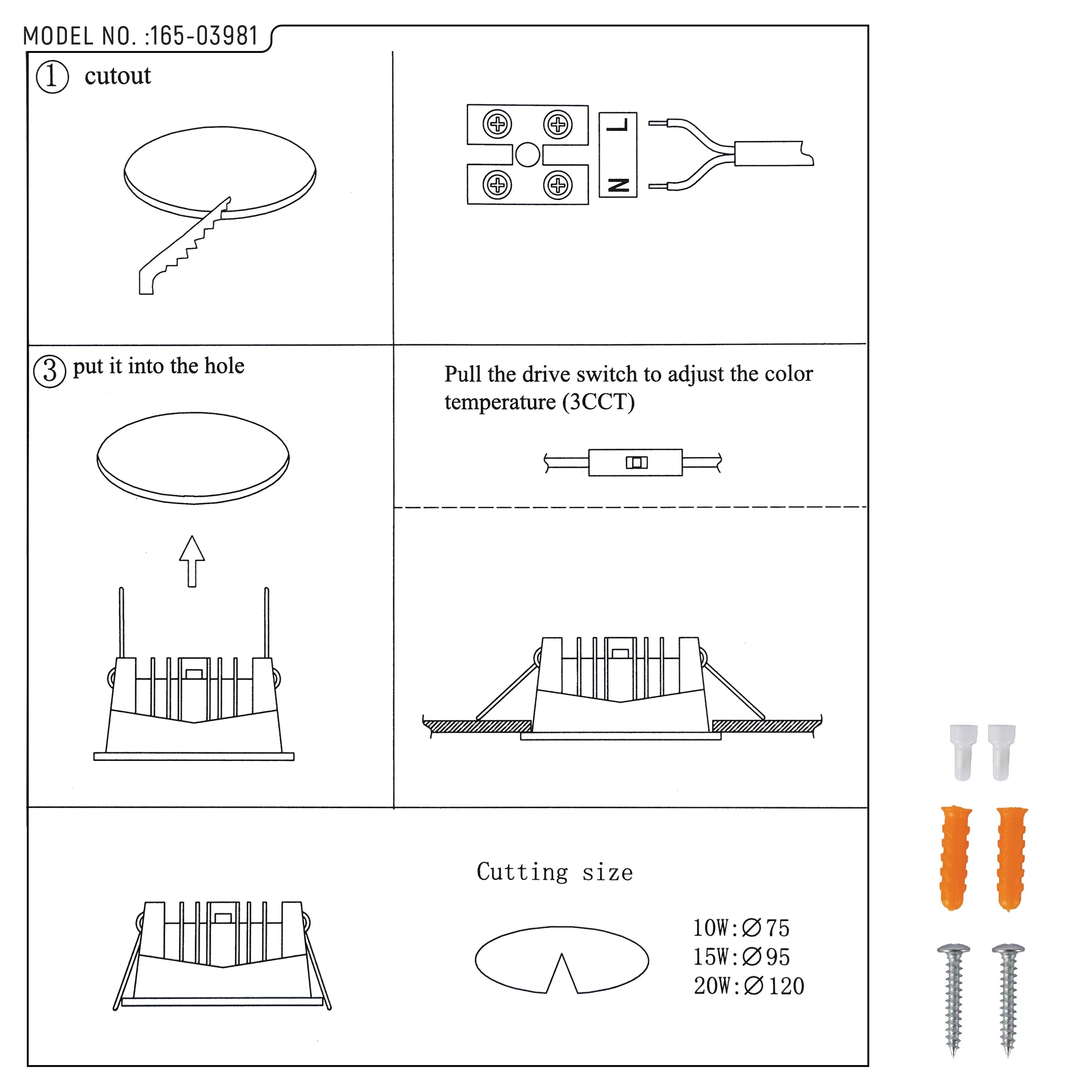 An illustration of recessed downlights with diagrams showing how to install, adjust the colour temperature and the dimensions.