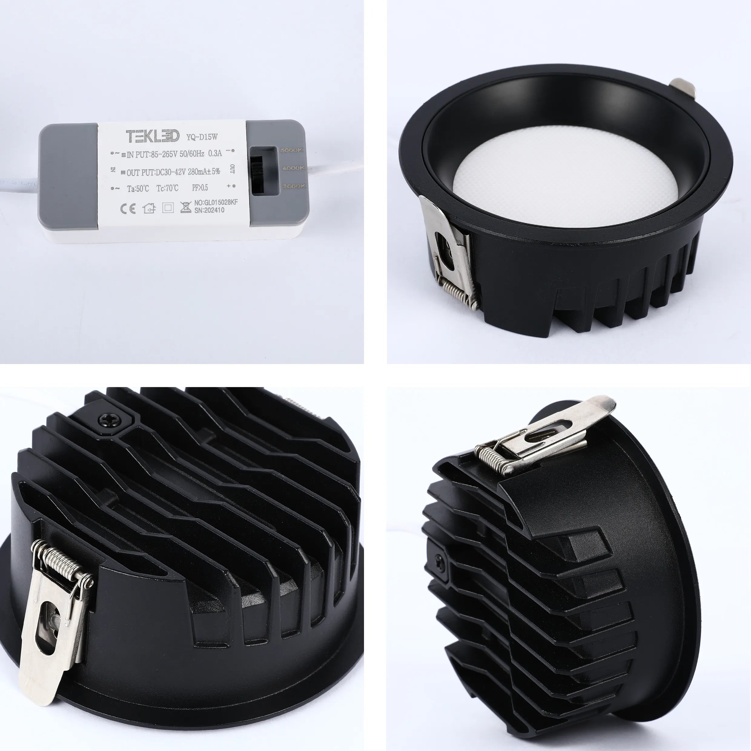 Recessed black LED downlight with spring clip, heat sink, and dimmable driver. A modern lighting solution.