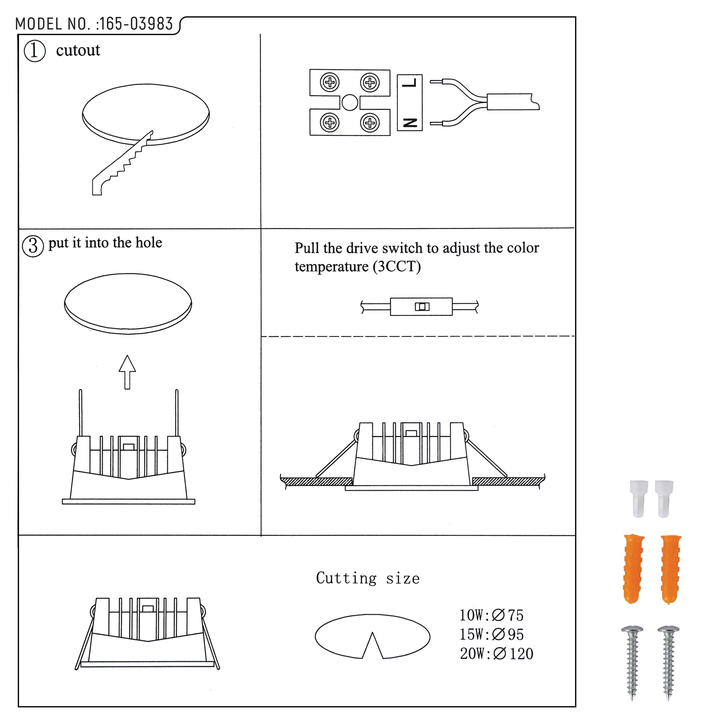 An instructional diagram for installing LED lighting with cut-out dimensions, wiring and installation steps.