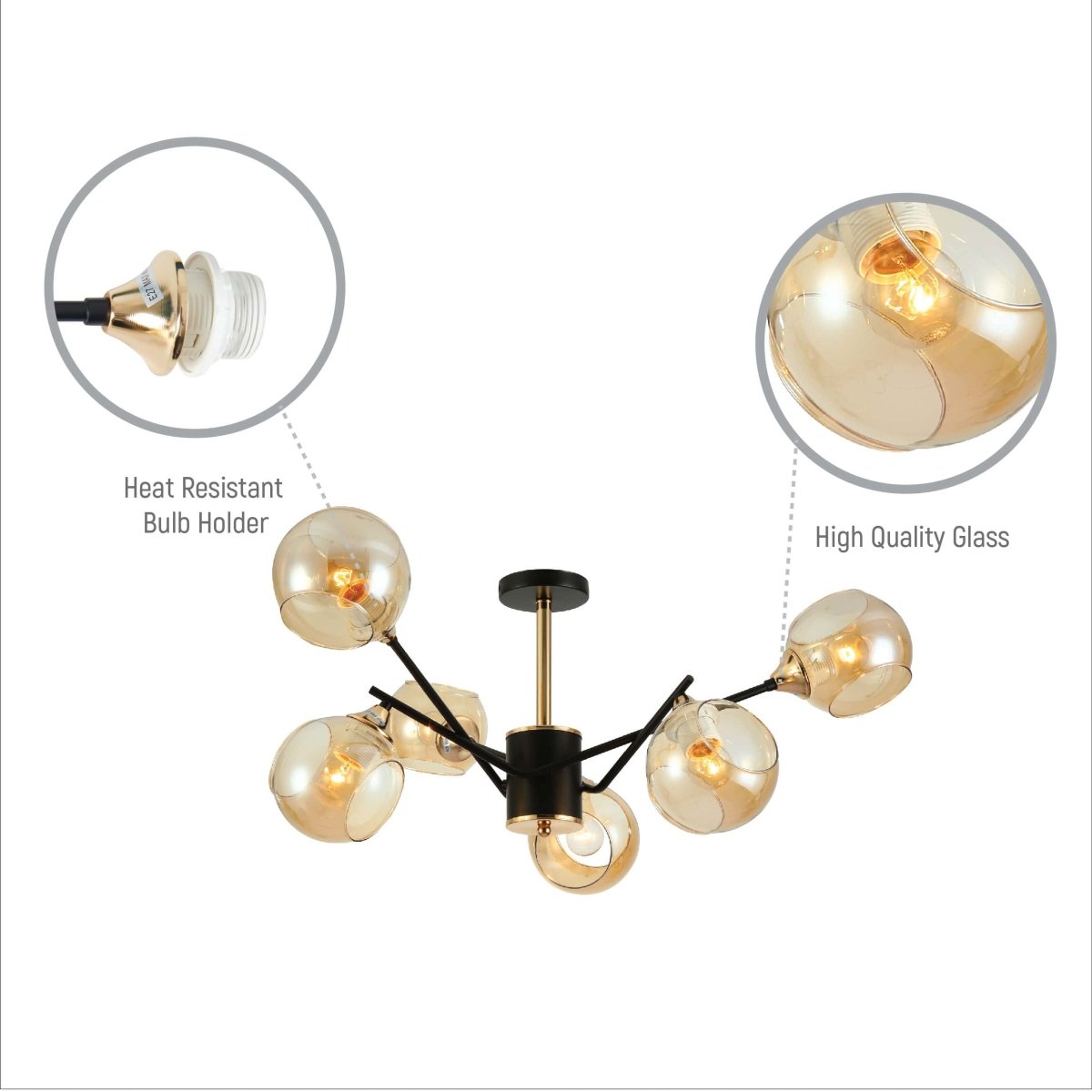 Close up of Amber Cut-out Globe Glass Black Gold Metal Sputnik Semi Flush Ceiling Light | TEKLED 159-17196
