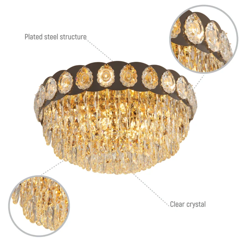 Close up shots of Luxury Clear Crystal Flush Modern Ceiling Chandelier Light Gold | TEKLED 159-18009
