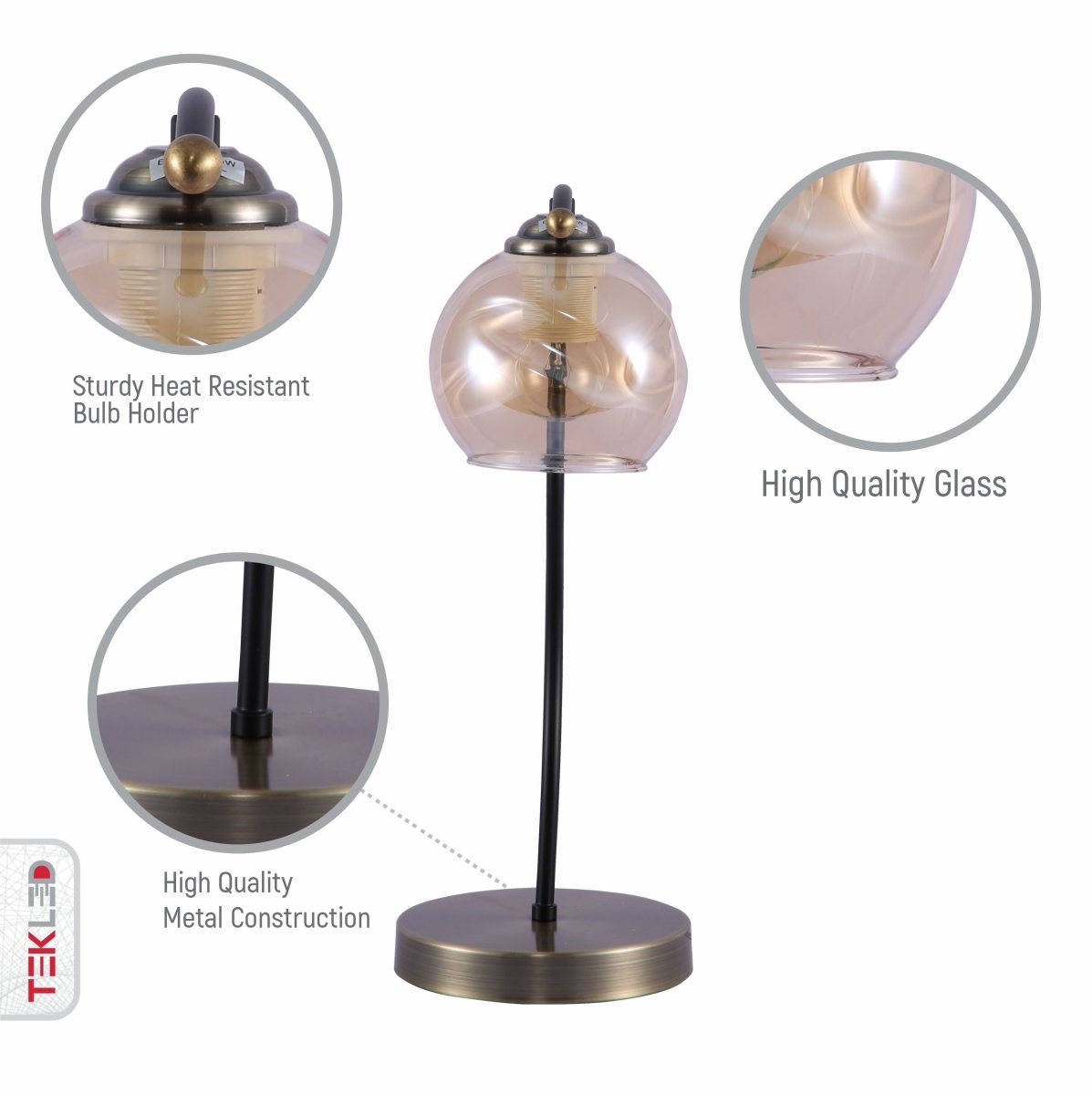 Close up shots of Black Antique Brass Metal Amber Globe Table Lamp with E27 Fitting | TEKLED 151-19686