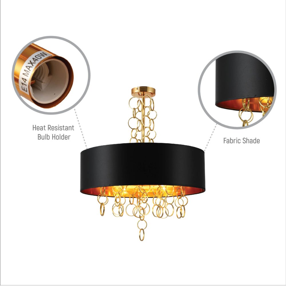 Close up shots of Black Copper Fabric Drum Shade Gold Ring Chandelier Ceiling Light with 4xE14 Fittings | TEKLED 158-19622