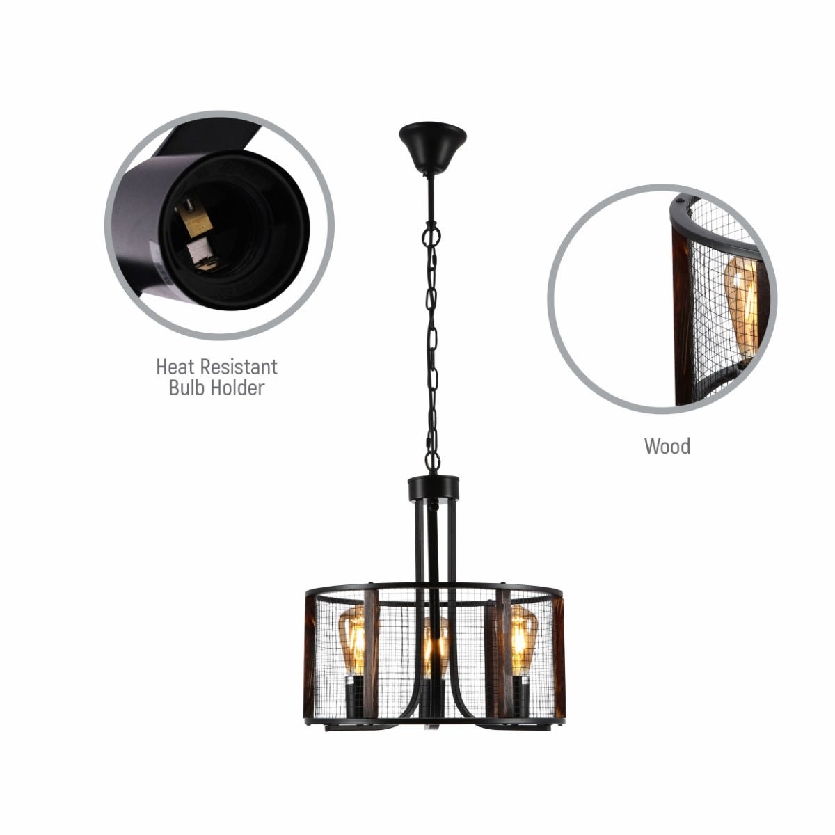 Close up shots of Black Metal Natural Wood Cylinder Cage Pendant Ceiling Light with 3xE27 | TEKLED 156-19530